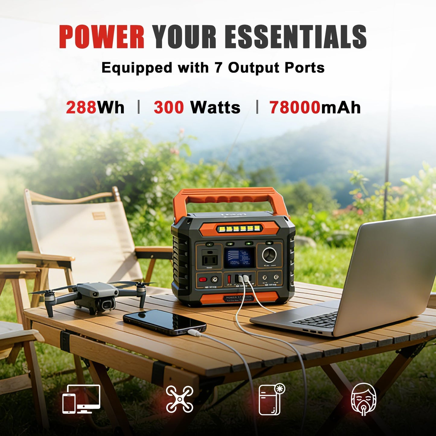 AWELTEC Portable Power Station 300W,78000Mah(288Wh) Lightweight Compact Solar Generator with AC DC USB Outlet,LED Light,Pass-Through Charging for Camping,Travel,Outdoors,Home Blackout