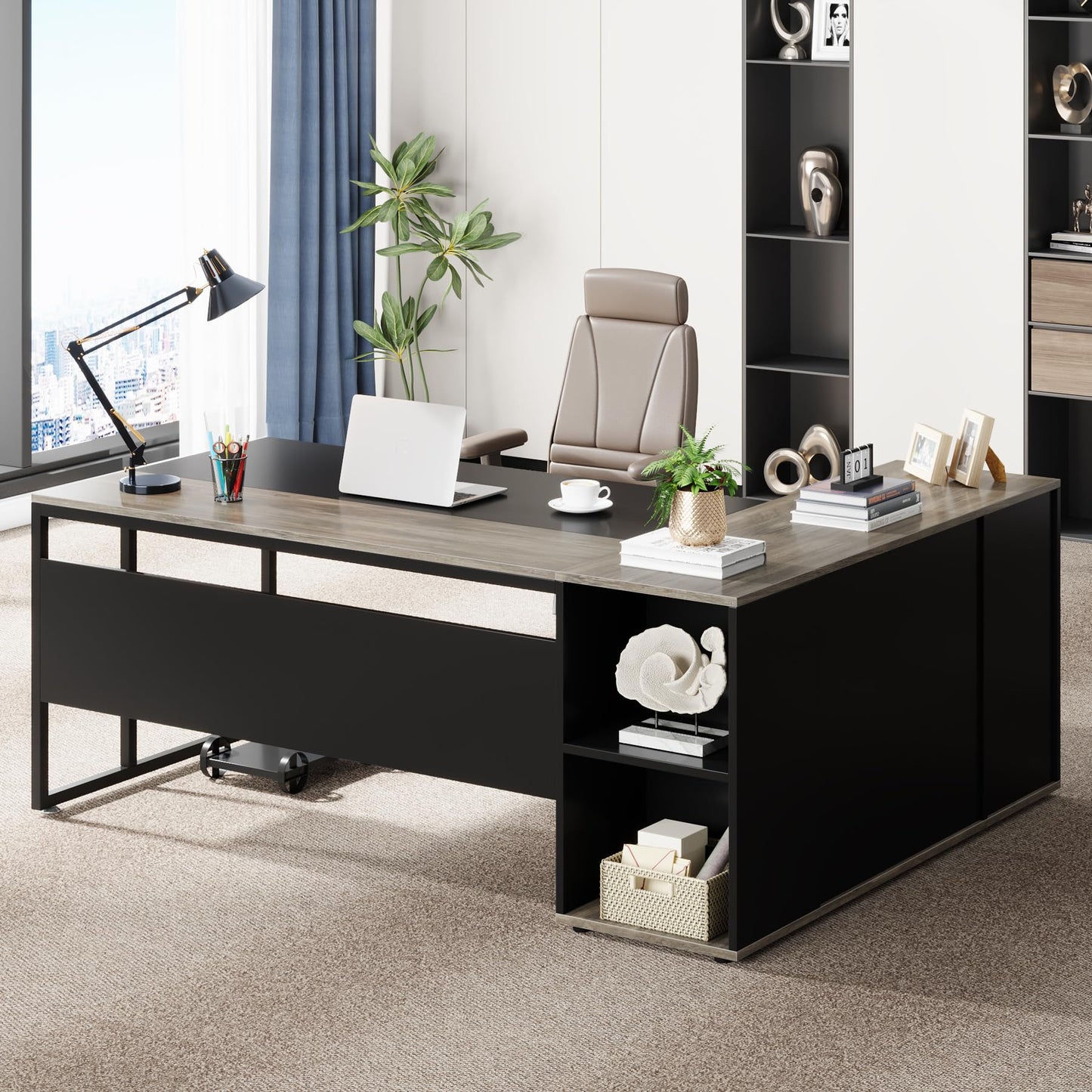 Tribesigns 71 inch Executive Desk, L Shaped Desk with Cabinet Storage, Executive Office Table with Shelves, Business Furniture Set Workstation for Home Office, Gray