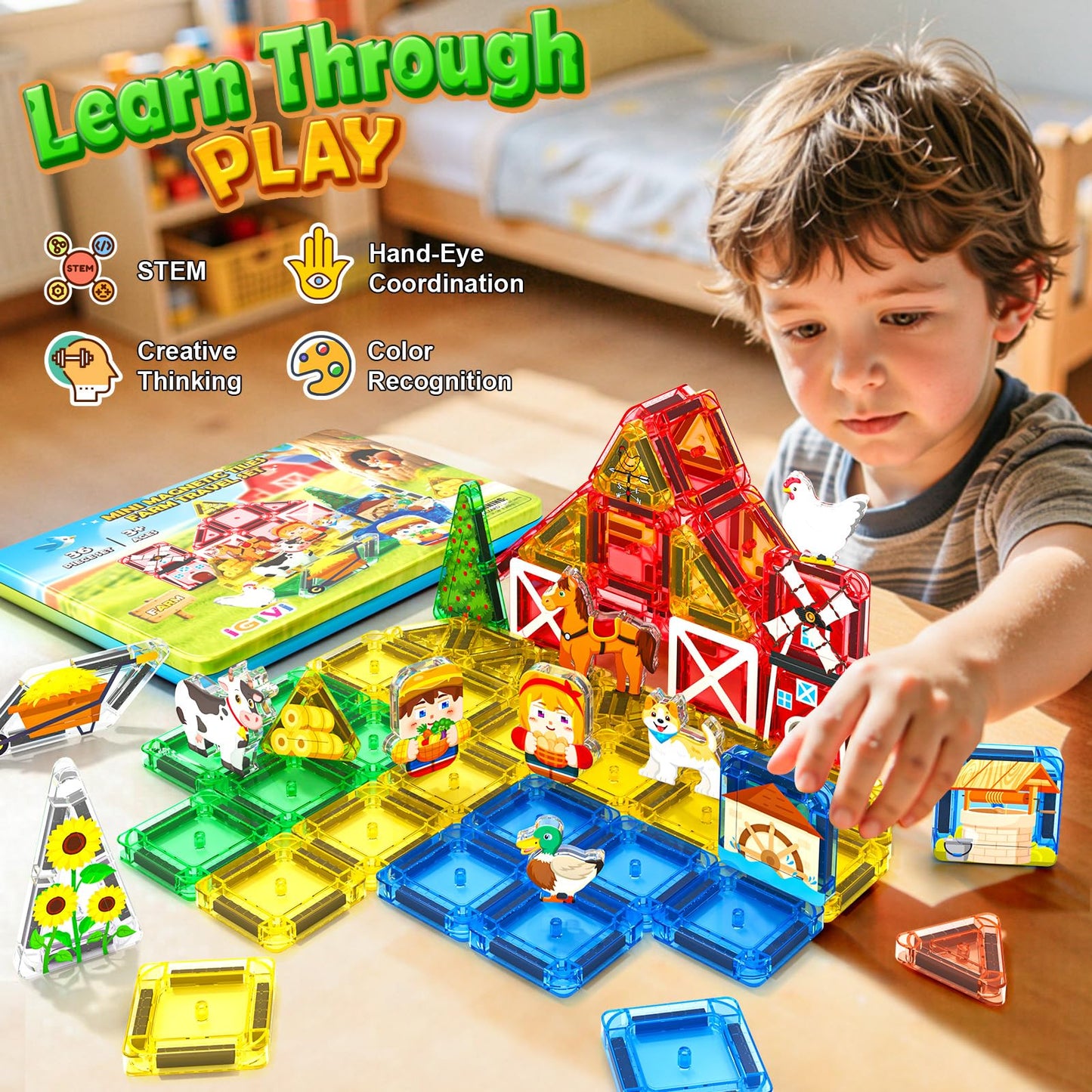 IGIVI Mini Magnetic Tiles Farm Travel Set, Magnet Building Blocks for Toddlers, STEM Travel Toys with Metal Storage Box, Preschool Classroom Must Haves, Christmas Birthdays Gifts for Kids Ages 3+
