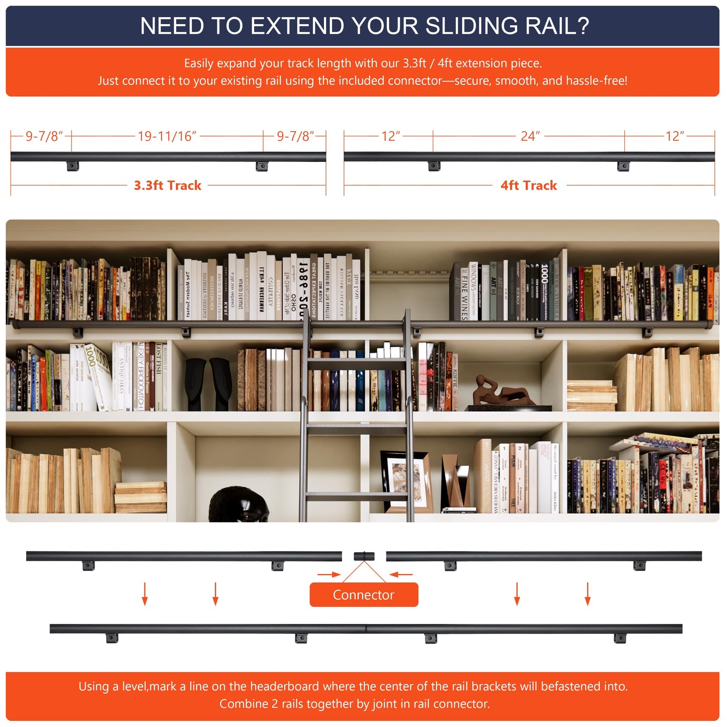 HARDJULAN 96" Telescopic Sliding Library Ladder with Handrail – Lightweight Aluminum Rolling Ladder with Braking Wheels, 4FT Hook Ladder Track Kit for Home, Loft, and Bookshelves