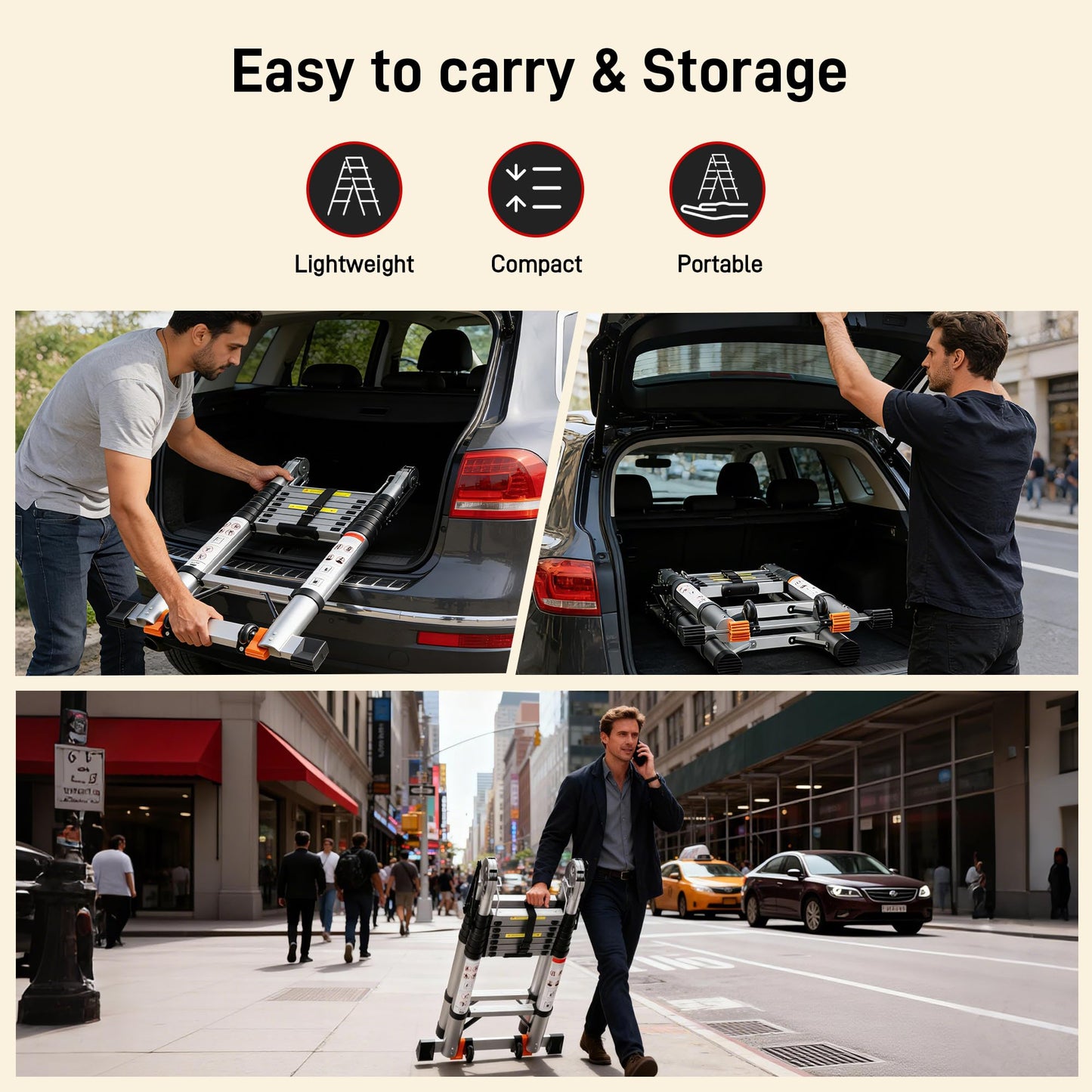 SEEKNEW 16.5 FT Telescoping A Frame Ladder,Aluminum Extension Ladder,Heavy Duty 330 lbs Max Capacity with Stabilizer Bar&Wheels,Multi-Purpose Portable Collapsible Ladder for Home,Work Silver CE ANSI