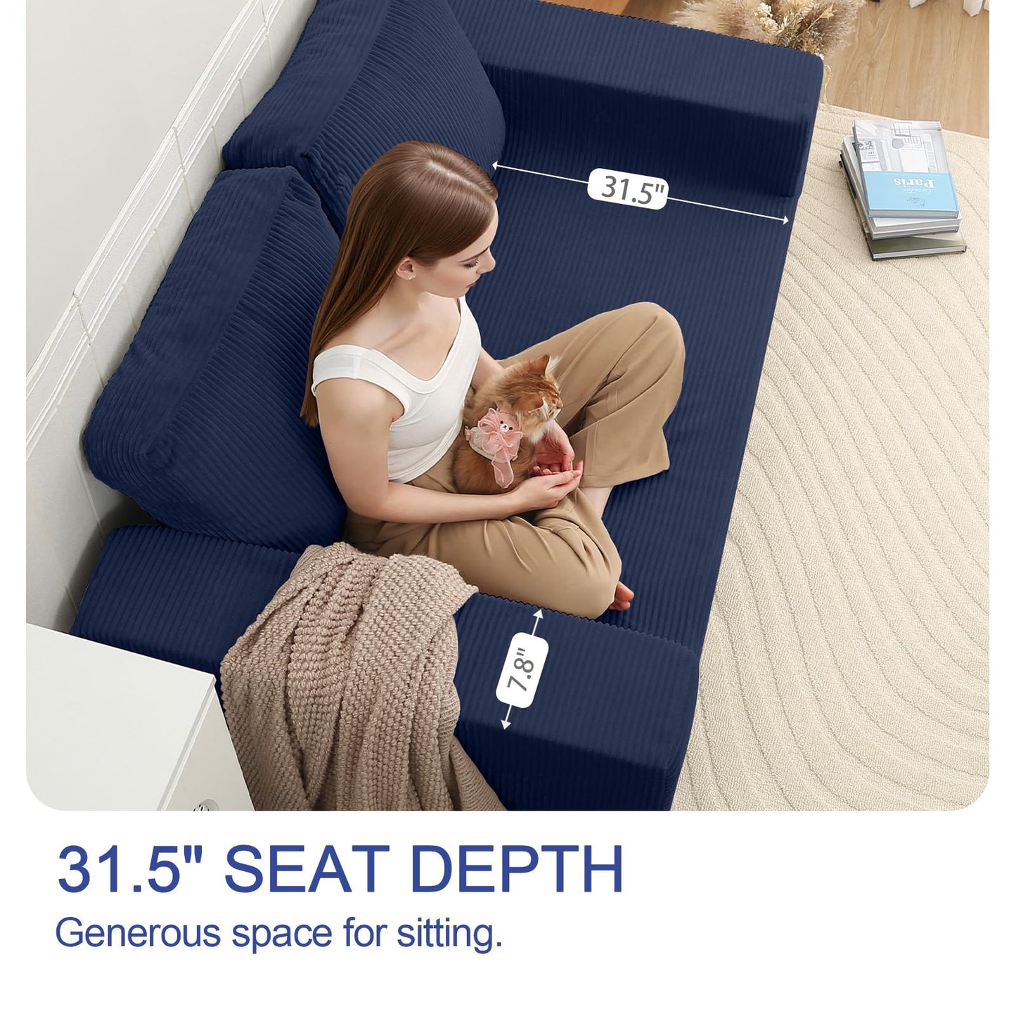COMAX Convertible Sofa Bed Queen, Folding Fold Out Couch Bed, Floor Futon Couch Corduroy with Back Pillows, Boneless Sofa Comfy Lounge Sleeper Mattress Loveseat for Living Room Bedroom, Navy Blue