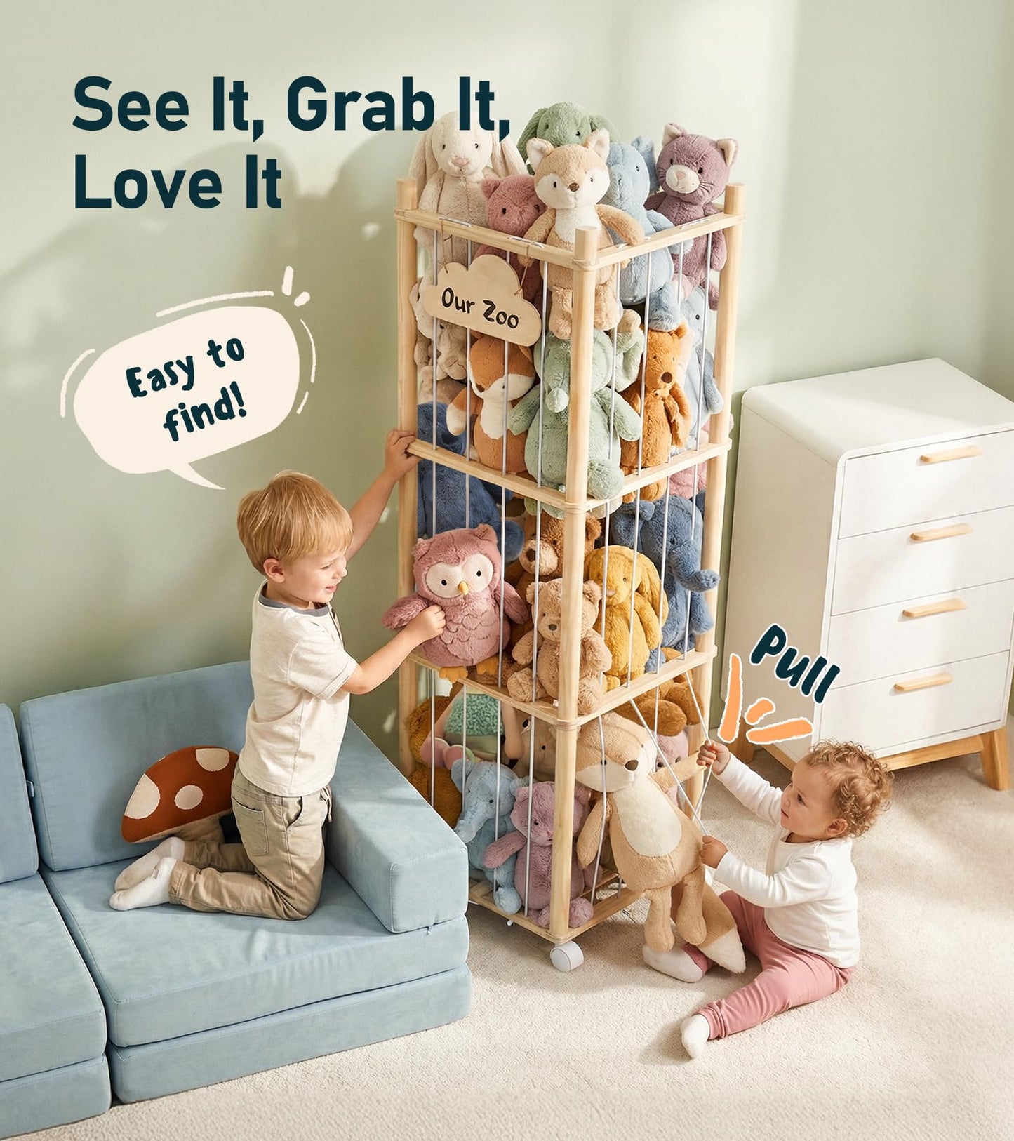 Little Dove Stuffed Animal Storage, Wooden Stuffed Animal Zoo with Brake Wheels, Large Capacity Stuffy Plushies Storage, Space Save Toy Organizer for Nursery Playroom Kidroom Bedroom, 54 Inch