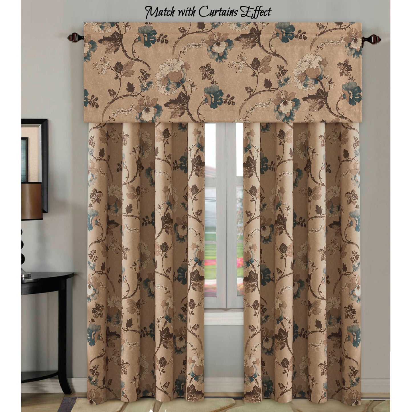 H.VERSAILTEX Blackout Curtain Valances for Kitchen Window/Living Room/Bathroom Privacy Added Rod Pocket Home Decoration Winow Valance, 52" W x 18" L, Floral in Brown and Blue