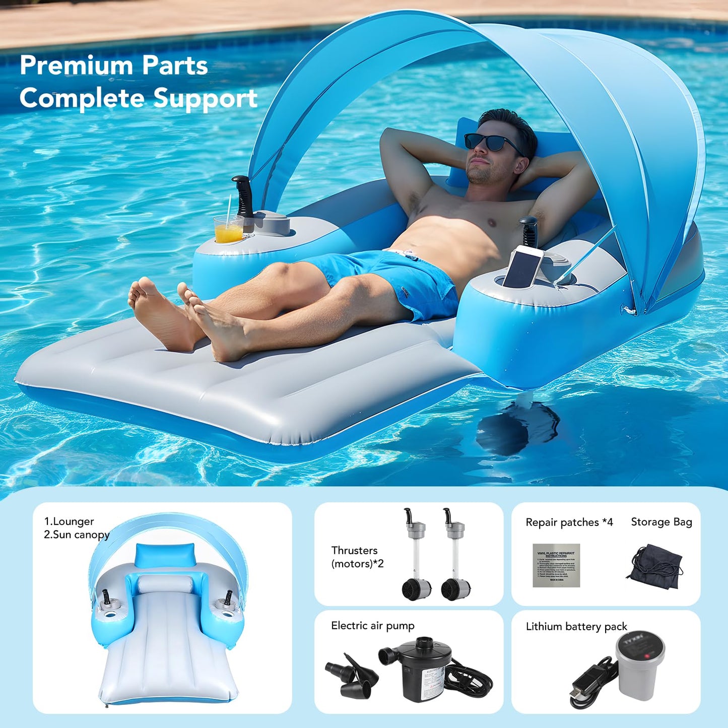 Motorized Pool Float with Canopy, Rechargeable Motorized Floats with Cup Holder – Dual Motor Heavy Duty Electric Lounger Raft for Adults, Pool, Lake & Party