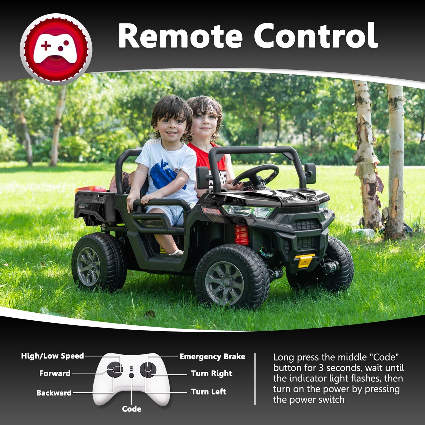 Sopbost 2 Seater 24V Ride On Toys for Big Kids with Electric Dump Bed 4WD Battery Powered Cars for Kids with Remote Control, Ride On Car with EVA Tires Wheels, Shovel, Music, Black