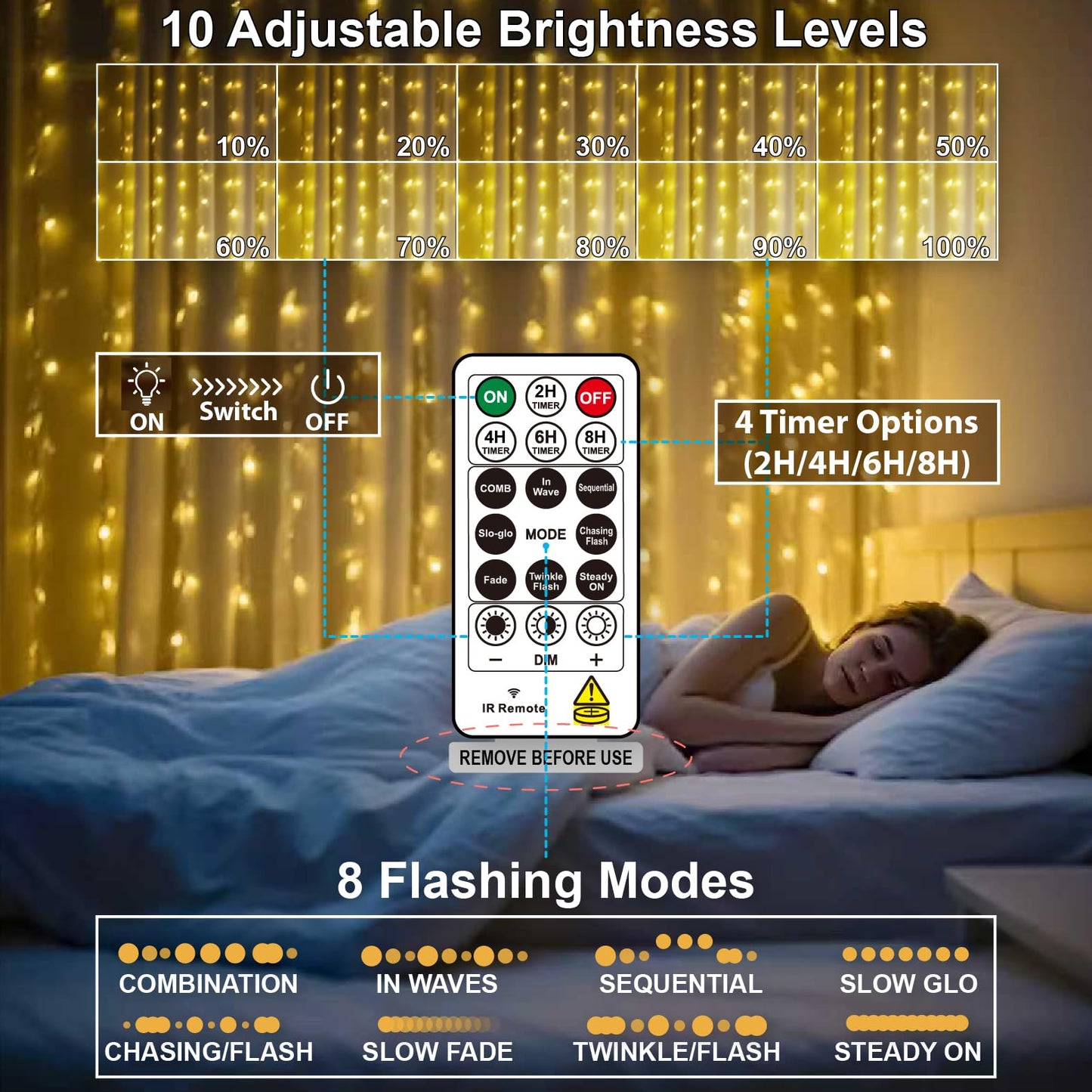 HXWEIYE 300LED Fairy Curtain Lights, 9.8x9.8Ft USB Plug-in 8 Modes Christmas String Hanging Lights with Remote for Bedroom Backdrop Wedding Indoor Wall Decor, Warm White, Standard – 1 Pack