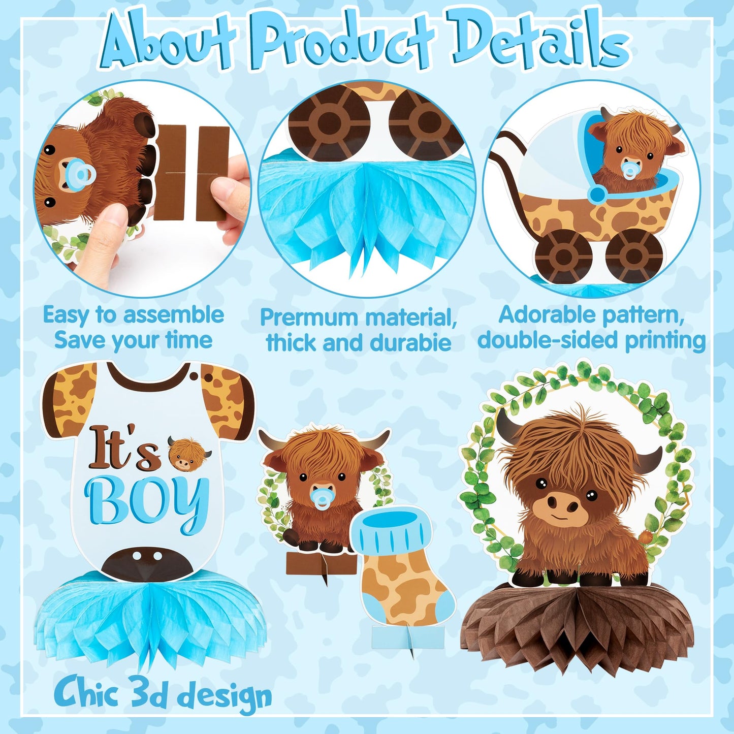 12Pcs Greenery Highland Cow Honeycomb Centerpieces Blue Highland Cattle Party Table Decoration It's a Boy Gender Reveal Cutout Welcome Baby Party Table Topper Photo Prop Decor