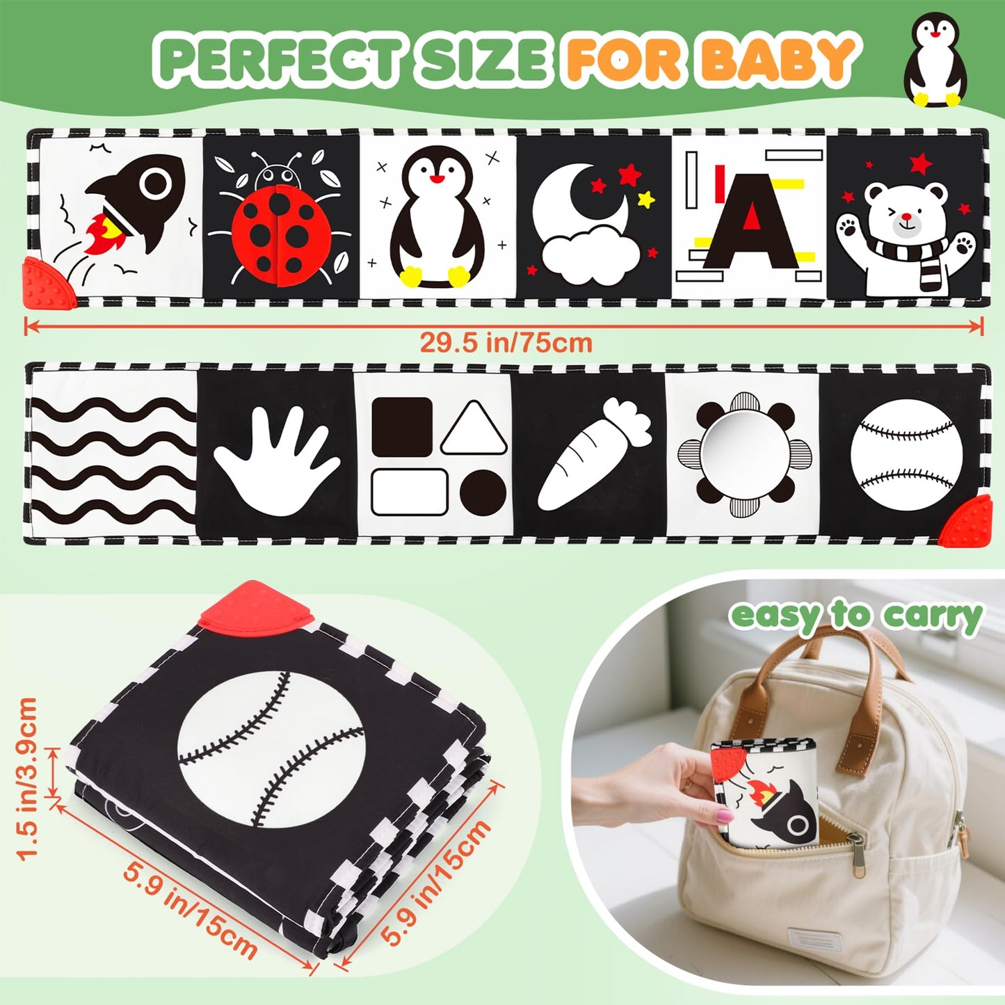 BBWOO High Contrast Baby Toys for Newborn, Tummy Time Mirror, Black and White Baby Toy for 0-6 Months, Soft Montessori Visual Stimulation Infant Book, Boy Girl Shower Gift