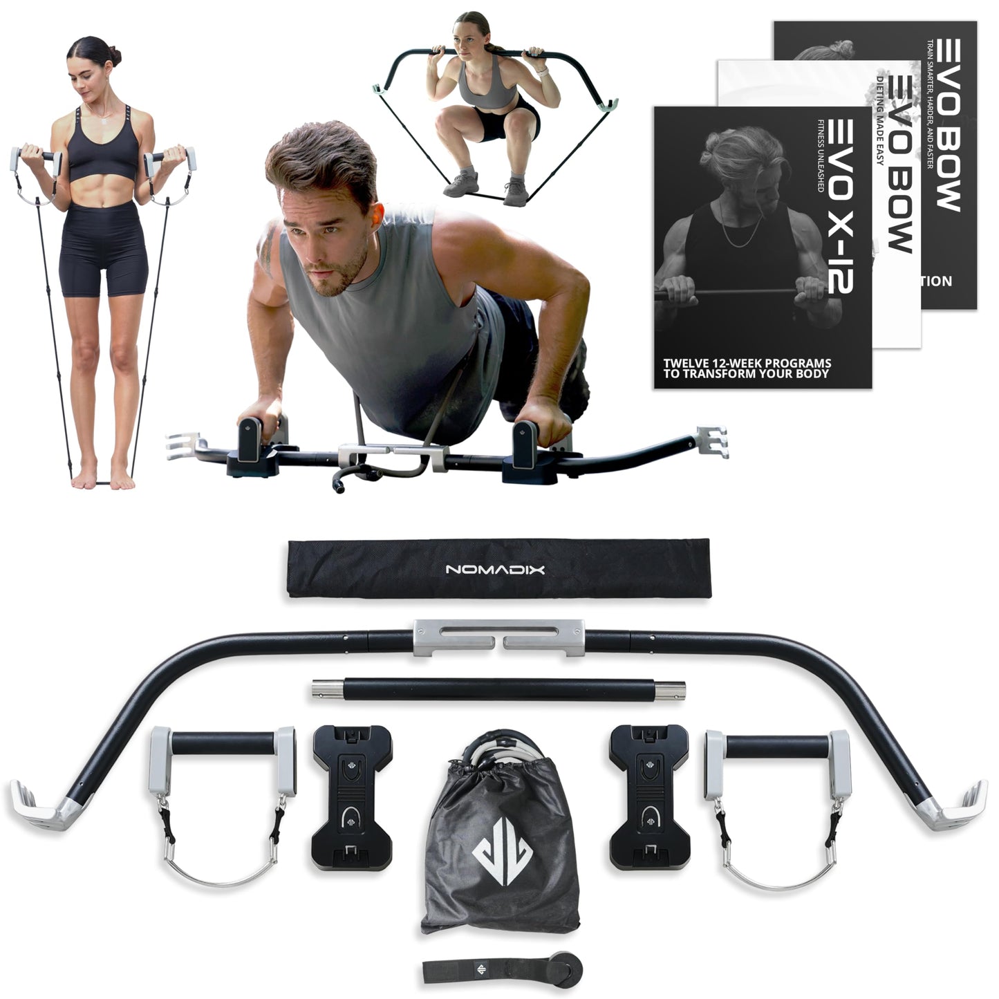 EVO Bow - All in One Portable Home Gym System with Weighted Pushups | Compact Strength Training and Exercise Equipment for Travel with Notched Resistance Bands for Full Body Training | 300lbs (Ultra)