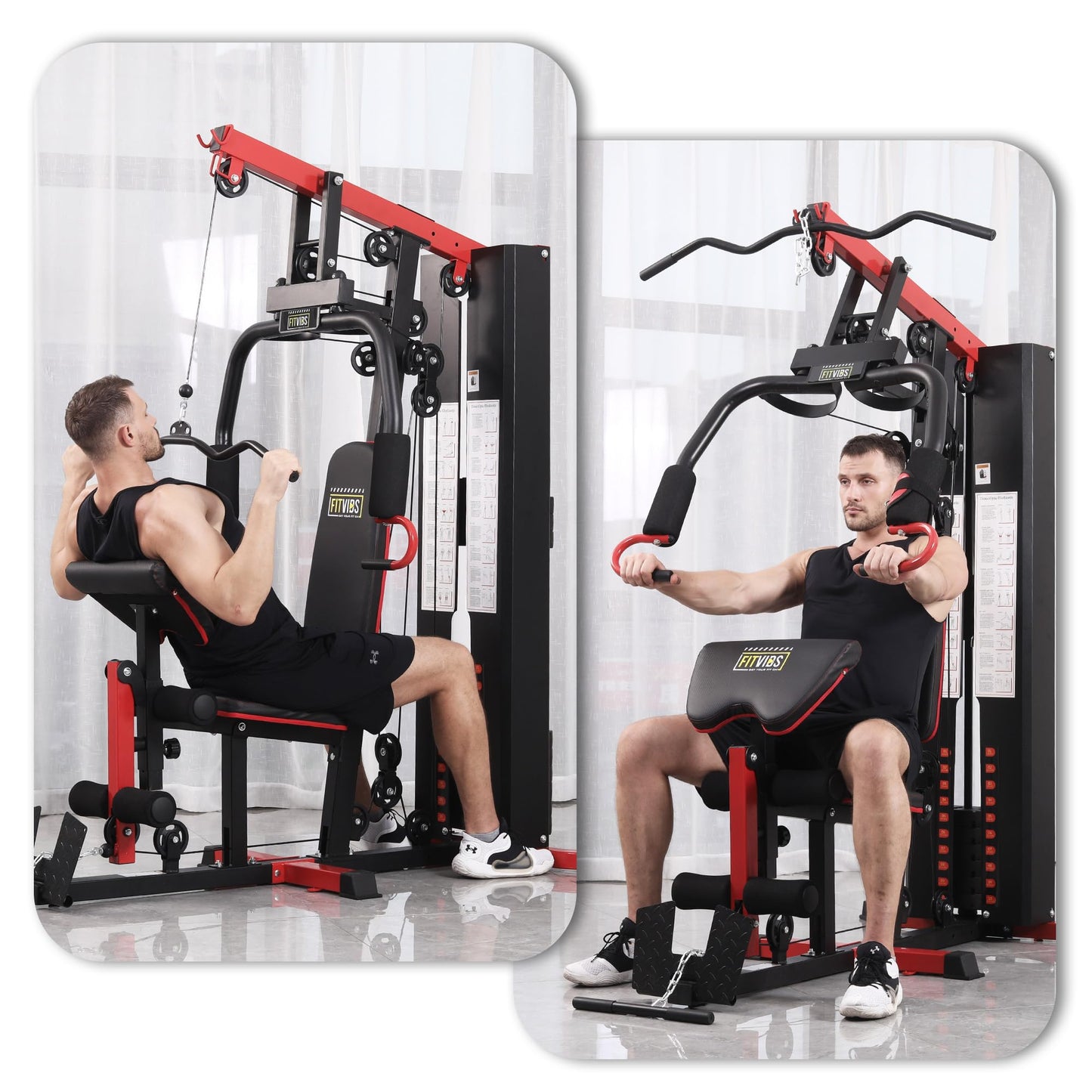 Fitvids Multifunctional Home Gym Equipment, Black/Red, with 122.5 lbs Weight Stack, Full Body Workout Weight Machine, All in One Exercise Equipment with Pulley System for Home Gym Strength Training