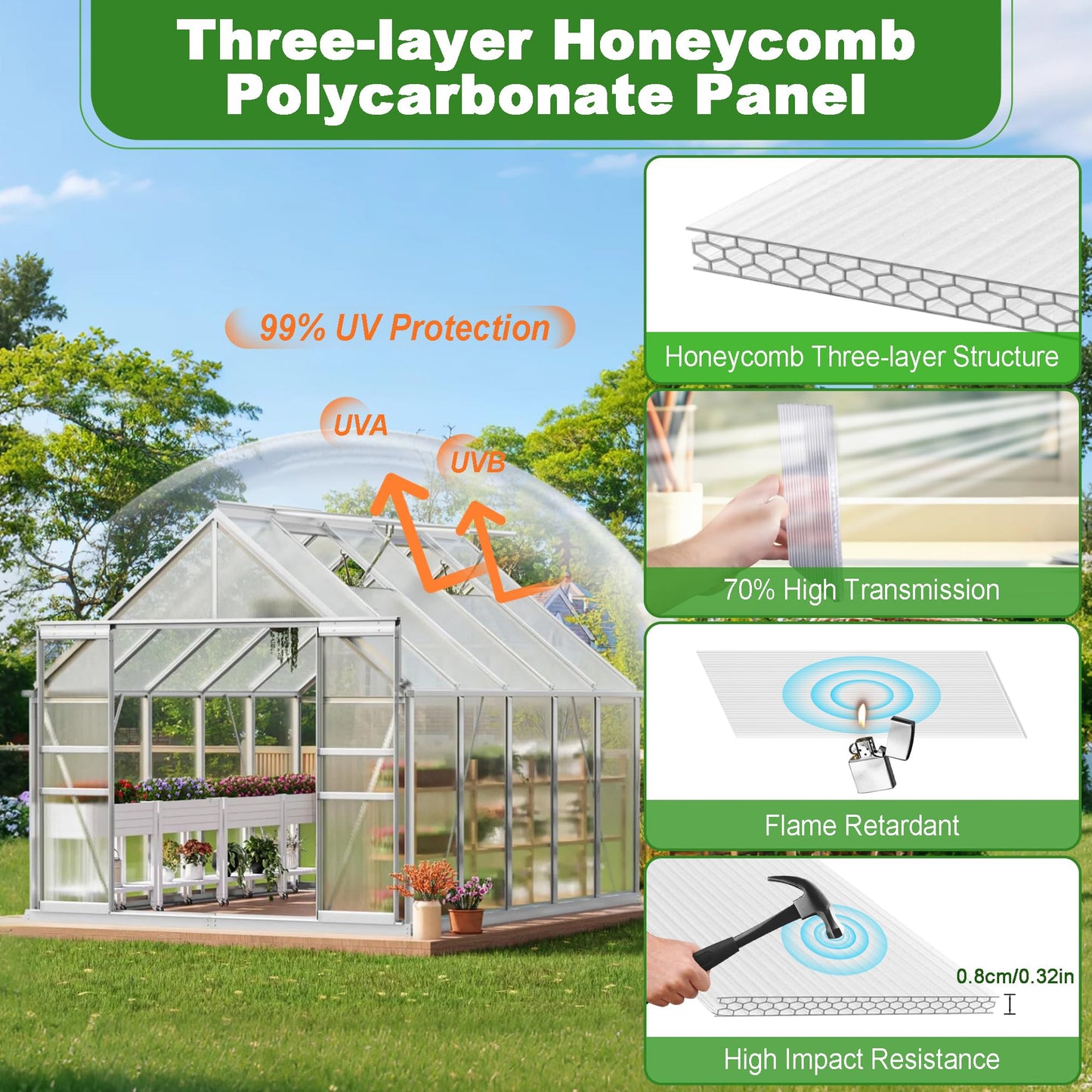 Quibbay 6PCS Polycarbonate Greenhouse Panels Sheets, 6' x 2' x 0.32'' Three-Layer Honeycomb Panels, UV Protected Corrugated Plastic Roof Panels, Clear Replacement Panels for Greenhouse Covering