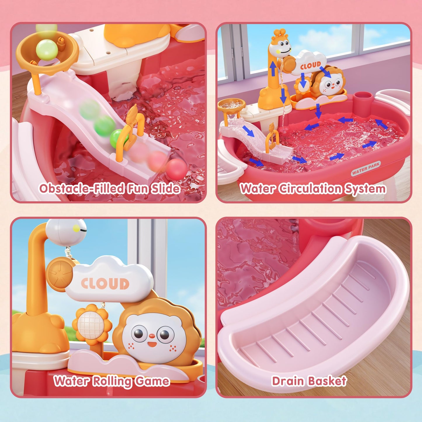 2026 New Kids Sand & Water Table Toys for Toddlers, Kids Water Park Play Kitchen Sink with Running Water,Giraffe Electric Faucet,Water Rolling Game,Detachable Legs Toddler Summer Toy for Boys Girls