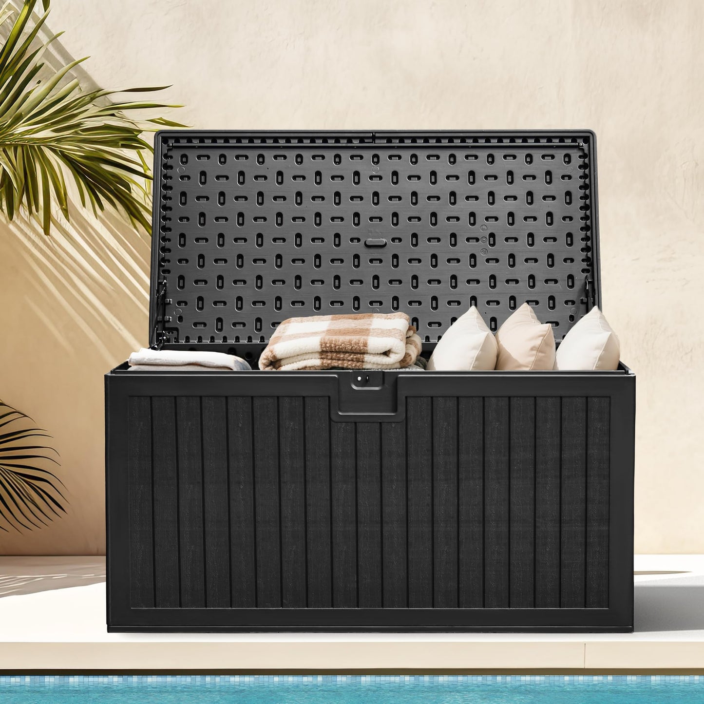 DWVO 230 Gallon Resin Outdoor Storage Box, XXL Double-Wall Waterproof Deck Box with Divider, Doubles as Table or Seating with 1000 lbs Capacity, Lockable (Black)