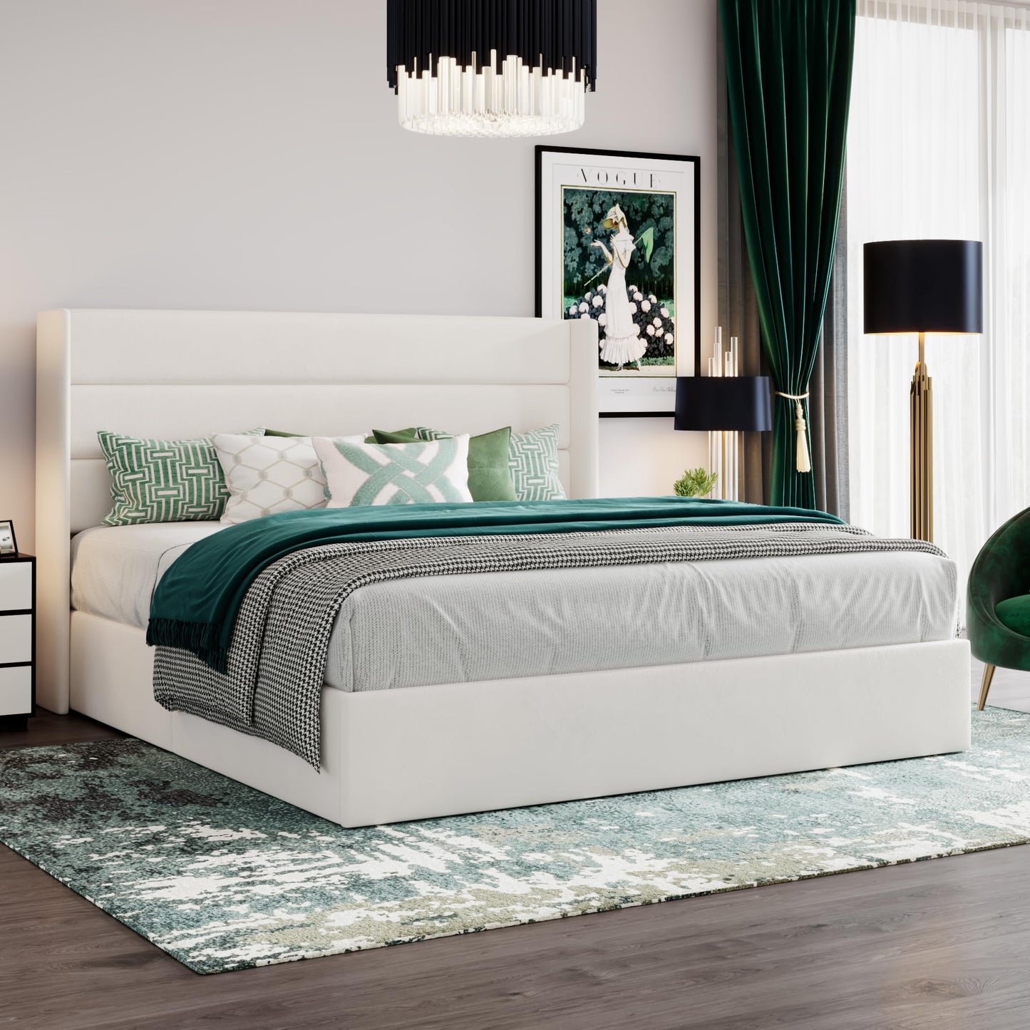 SHA CERLIN King Size Lift Up Storage Bed/Velvet Upholstered/Modern Wingback Headboard/Upholstered Platform Bed Frame/Hydraulic Storage/No Box Spring Needed/White