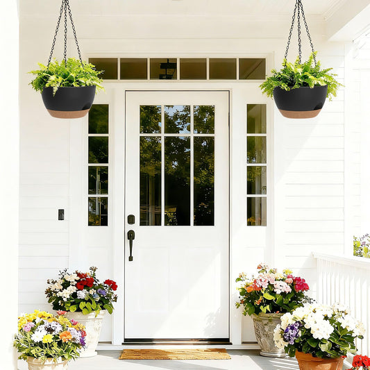 SQKH 8 Inch Hanging Planters for Indoor Outdoor Plants, 4 Pack Black Brown Plastic Self Watering Hanging Baskets with Drainage Holes and Chain for Garden Porch