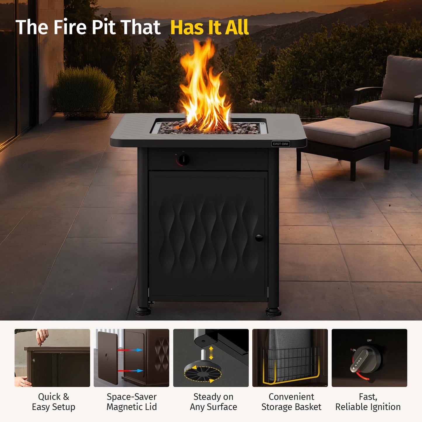 East Oak 28" Upgraded Outdoor Fire Pit Table | 52,000 BTU Fire Pit Table for Outside with Magnetic Lid | Storage Basket & Lava Rocks | CSA Certified for Patio, Garden & Backyard | Black