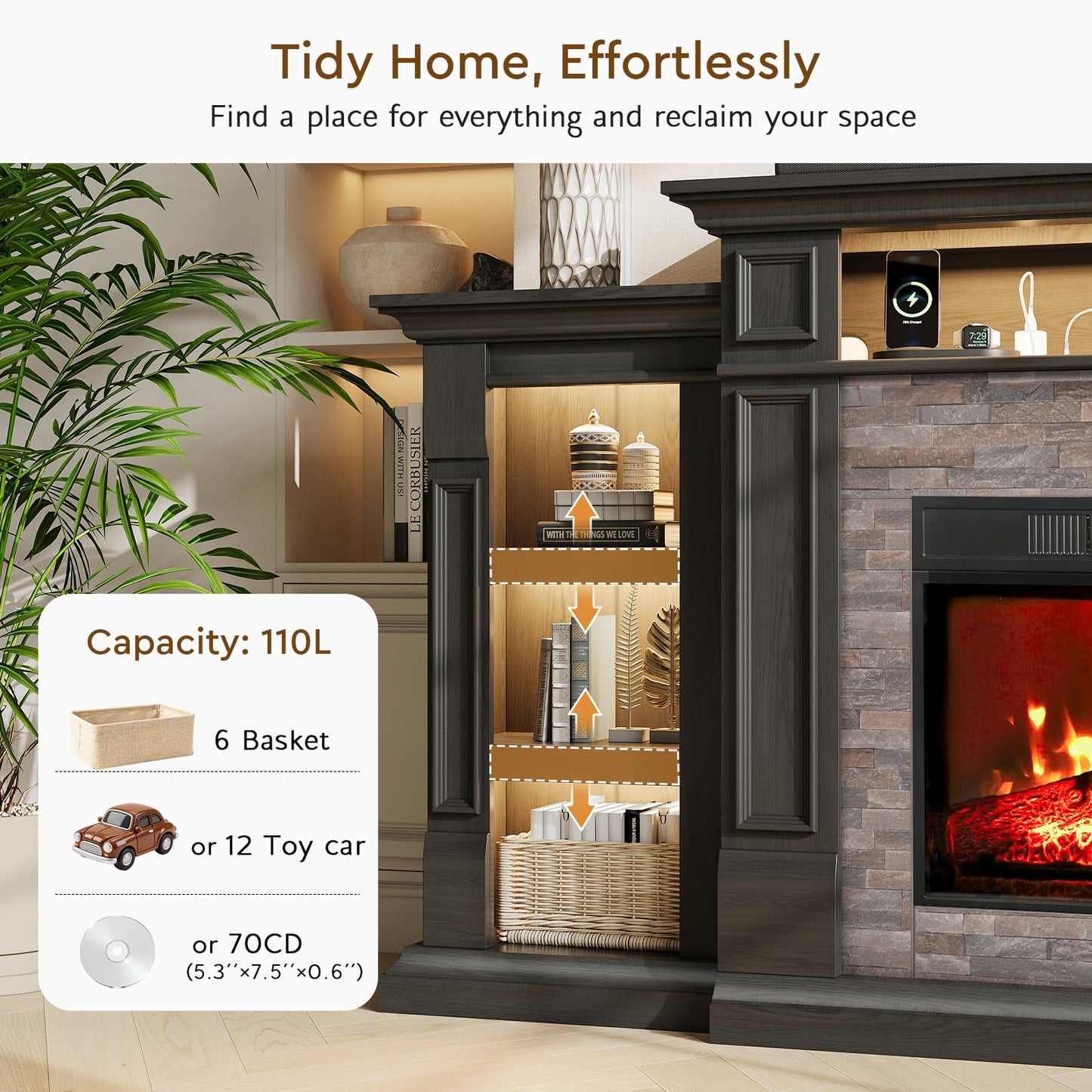 72" LED Fireplace TV Stand with Outlet, Electric Fireplace with Mantel for TVs Up to 80 Inch, Entertainment Center with Storage, Fireplace Heater Insert with 3D Flame Effect for Living Room, Black