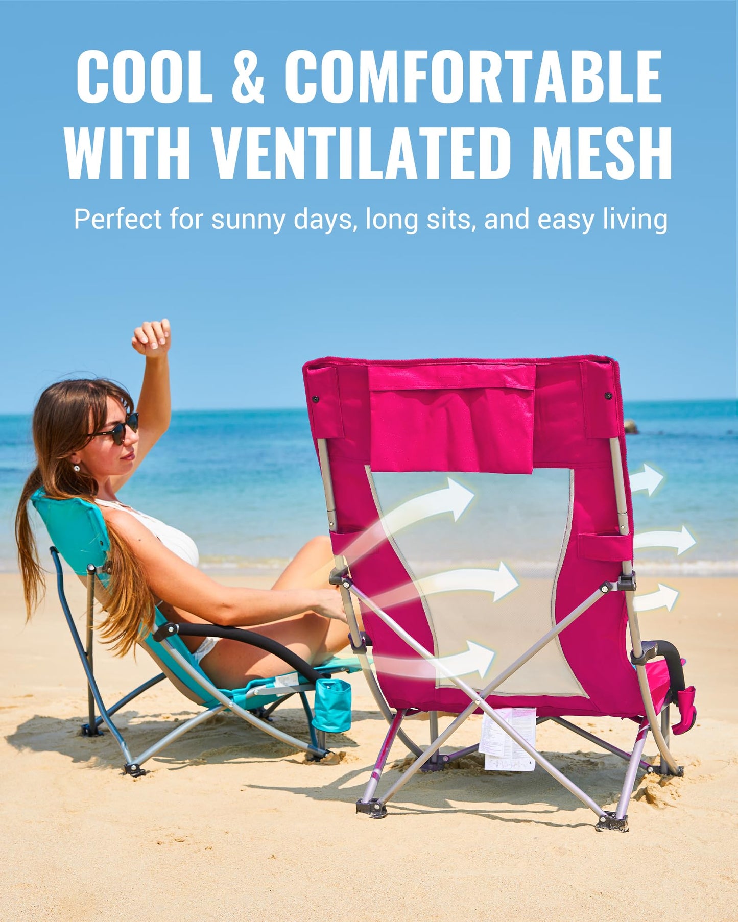 KingCamp Low Beach Chairs, Portable Folding Chair for Adults Extra Wide Ergonomic High Back Seat 300lbs Heavy Duty Lightweight Oversized Gear with Carry Bag for Outdoor Lawn Camping Picnic