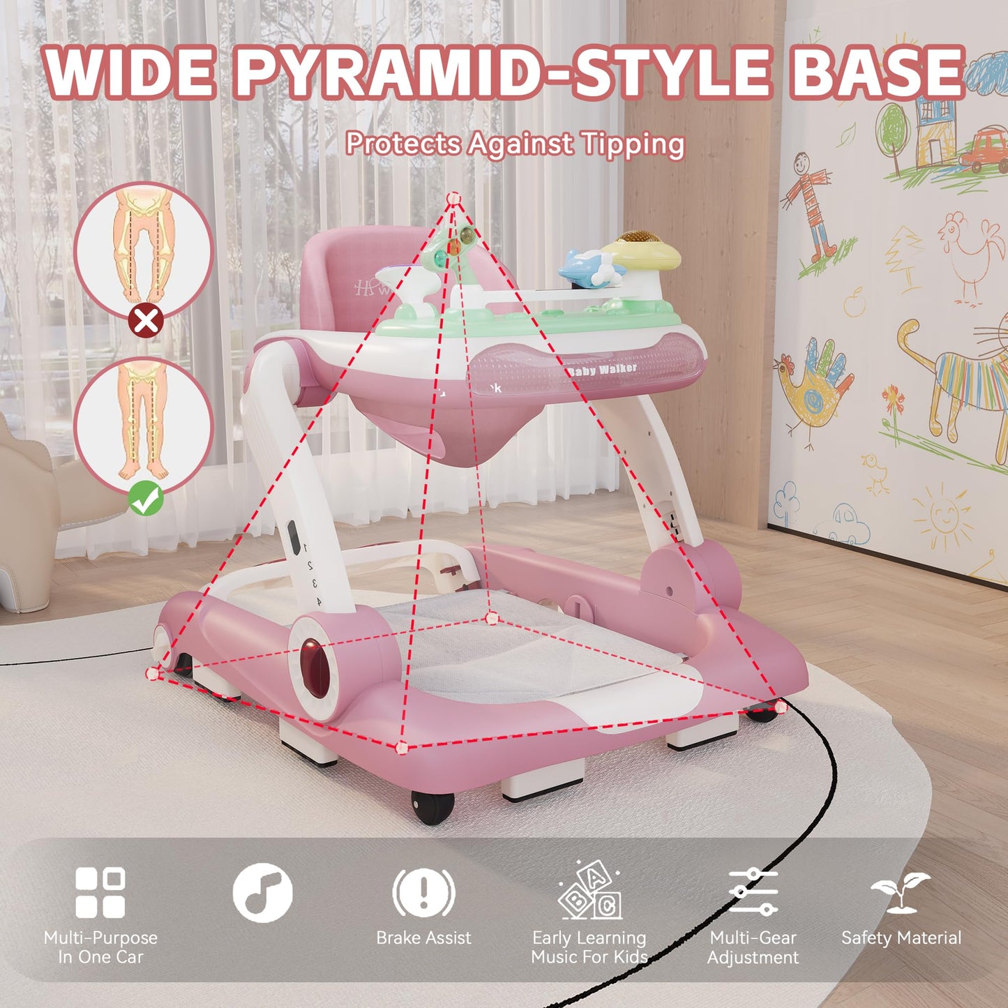 Baby Walker with Wheels, 5 in 1 Walker for Baby Boy Girl 6-12 Months with Bouncer, Music and Lights Baby Jumper Activity Center, Adjustable Height Speed, Push Walker for Ages 6-18 Months Toddler