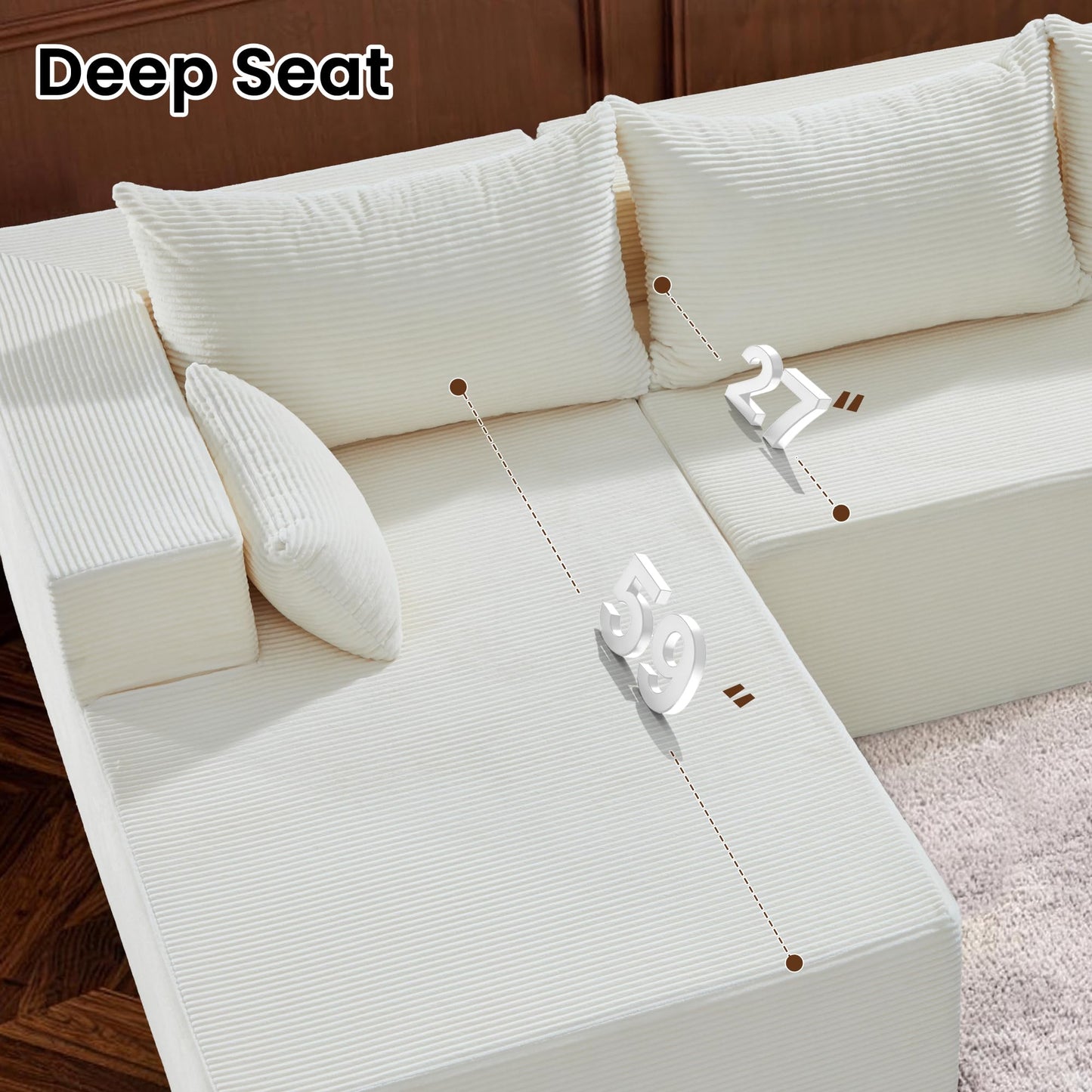 106" Cloud Sectional Boneless Couches for Living Room, Modular L Shaped Couch with Deep Seat Oversized Left Facing Chaise, Memory Foam Compressed Spineless 3 Seater Sofa for Bedroom Apartment, Beige