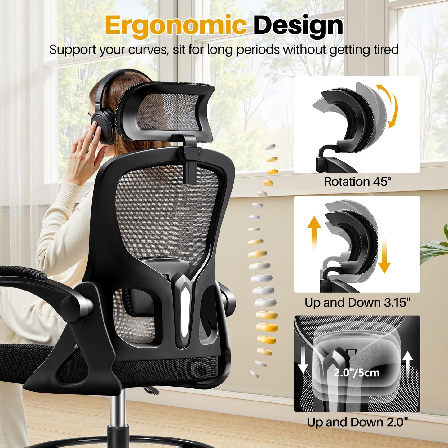 FINATI Drafting Chair, Tall Office Chair for Standing Desk, Ergonomic High Back with Headrest, Lumbar Support, Foot Ring and Flip-up Armrests, Black