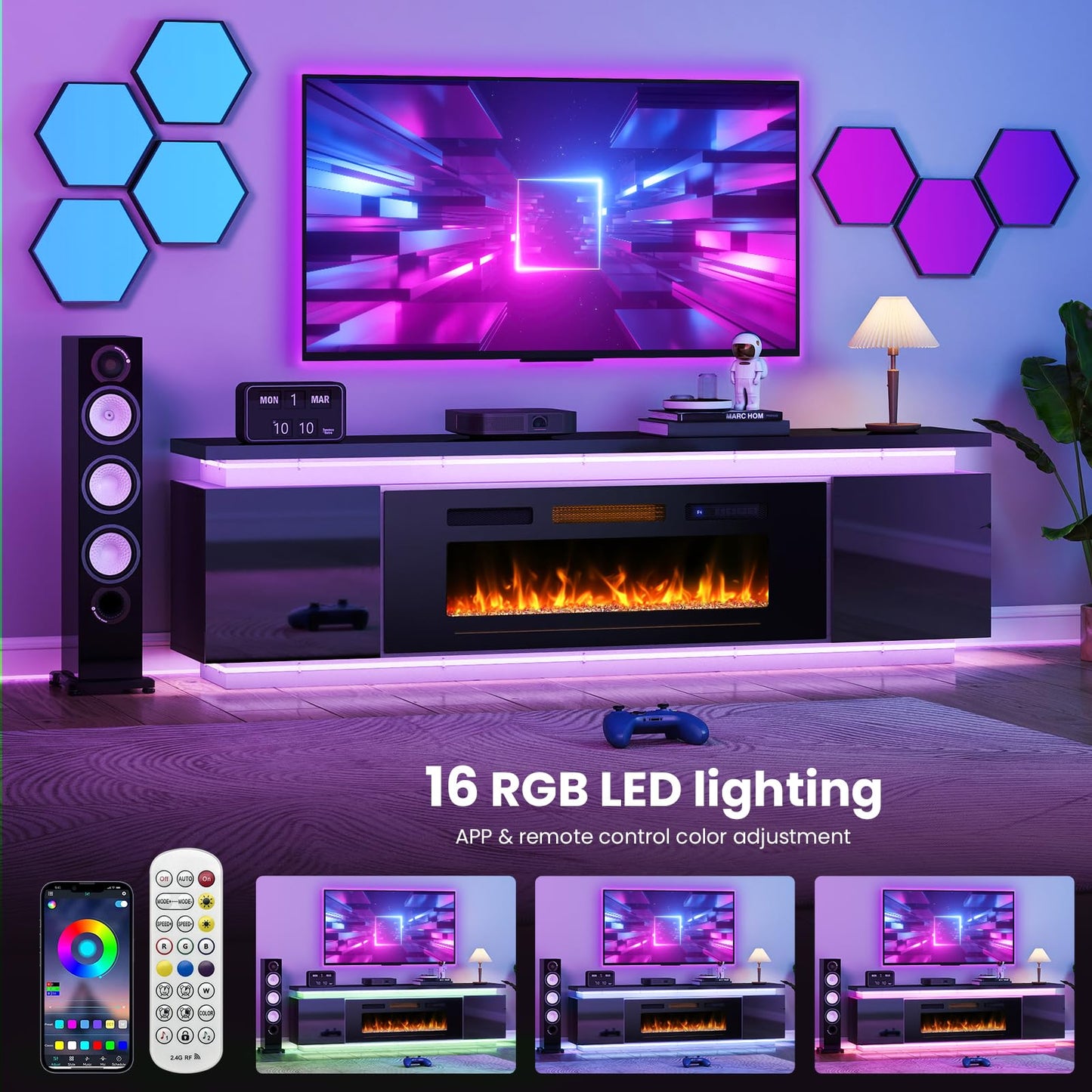 Lamtor Fireplace TV-Stand with 40" Fireplace - 2 LED Light TV-Stand for 85 inch TVs, Entertainment Center with 4 AC Power Outlets, 2 Tier TV Consoles Stand for Living Room, Black