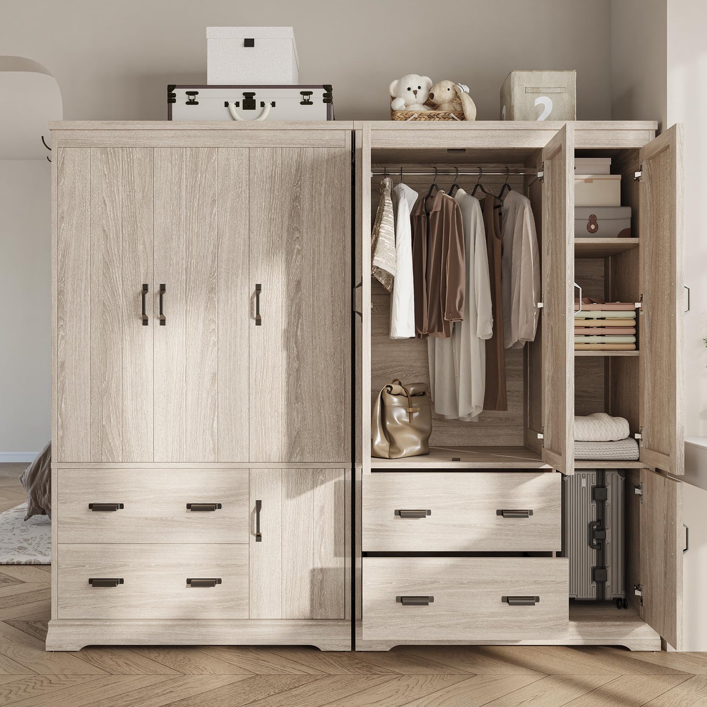 LIKIMIO Wardrobe Closet, 70" Tall 4 Doors Large Wooden Closet with 2 Drawers, 3 Shelves Bedroom Armoire with Hanging Rod, Freestanding Storage Cabinet for Hanging Clothes, Light Oak