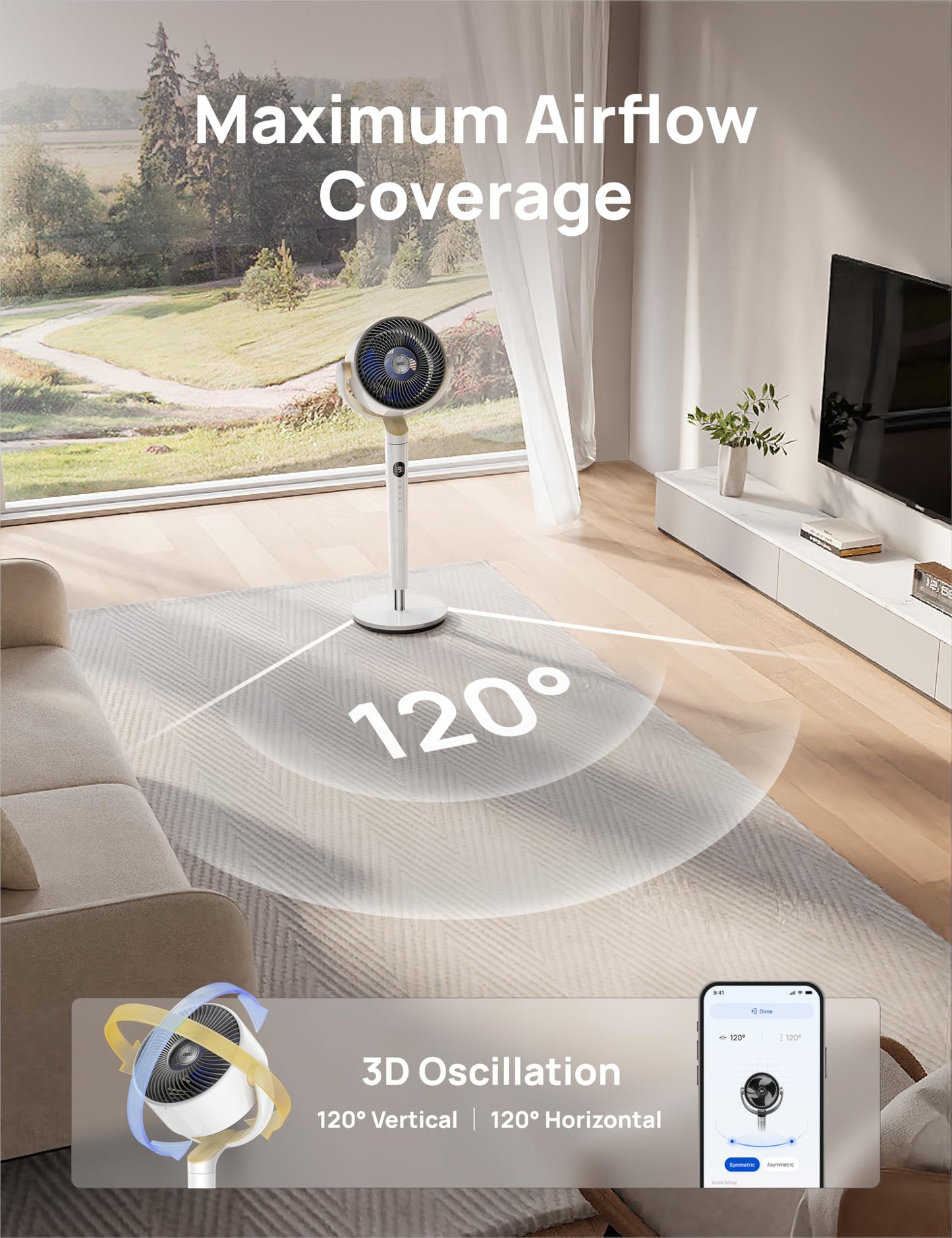 Dreo Smart Fan for Bedroom, 120° +120° Omni-Directional Oscillating Fans, 100ft Quiet Pedestal Fan with RGB Light, 9 Speeds, 6 Modes, 20dB, 8H Timer, Wi-Fi/Voice/Alexa, 37-42" Floor Fans with Remote