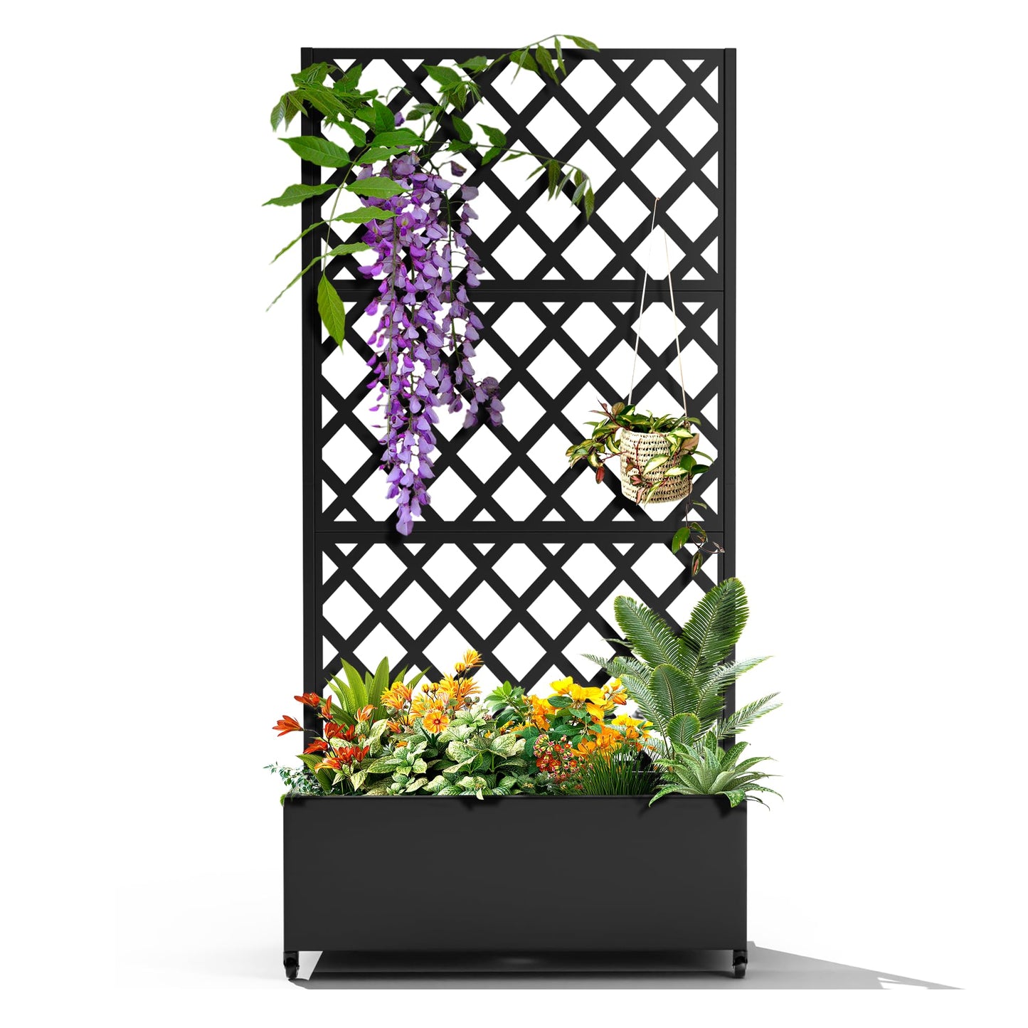 Metal Raised Garden Bed with Trellis for Climbing Plants, Vegetable, Vines,Metal Planter Box with Trellis 73"x35"x16",Trellis with Planter Box & Privacy Screen,Raised Garden Bed On Wheels(Black)