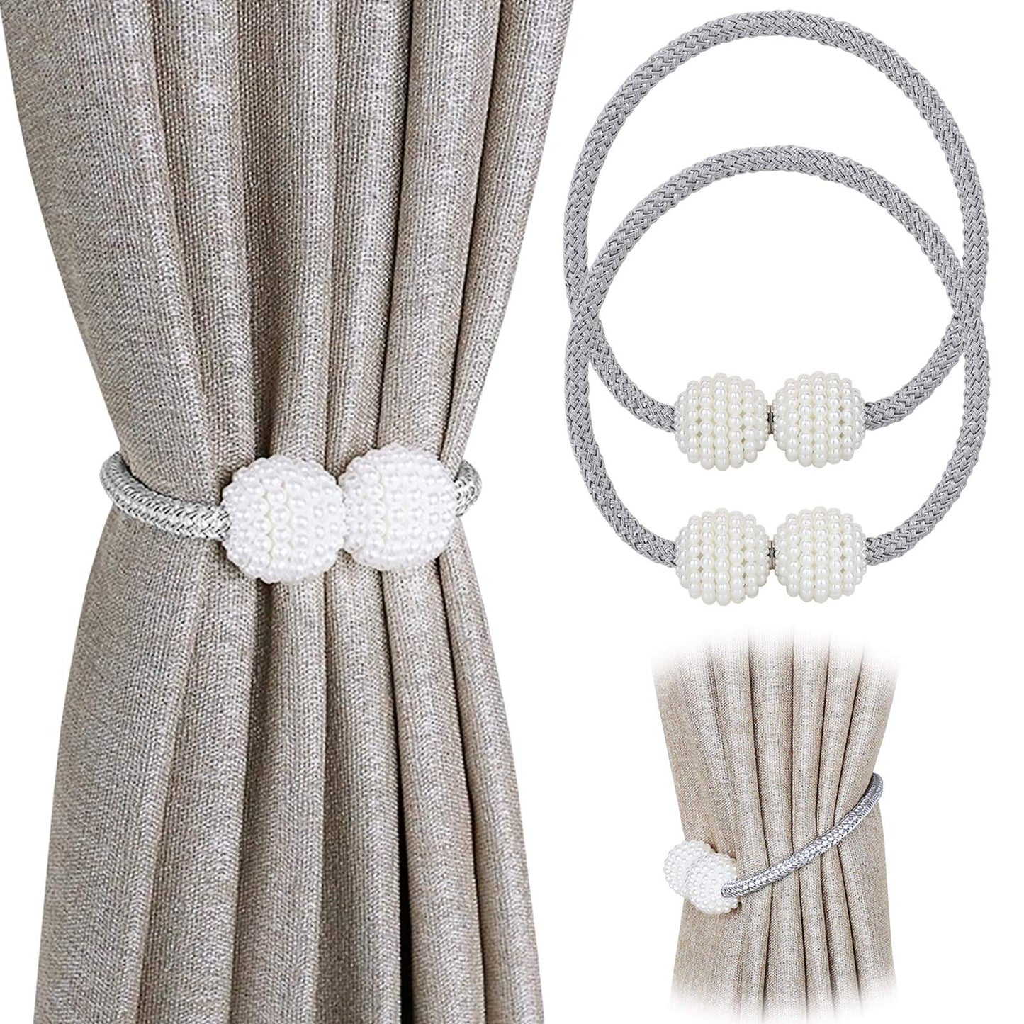 Pinowu [2 Pack] Magnetic Curtain Tiebacks Convenient Drape Tie Backs,Pearl Decorative Rope Holdback Holder for Small, Thin or Sheer Window Drapries (Gray)…