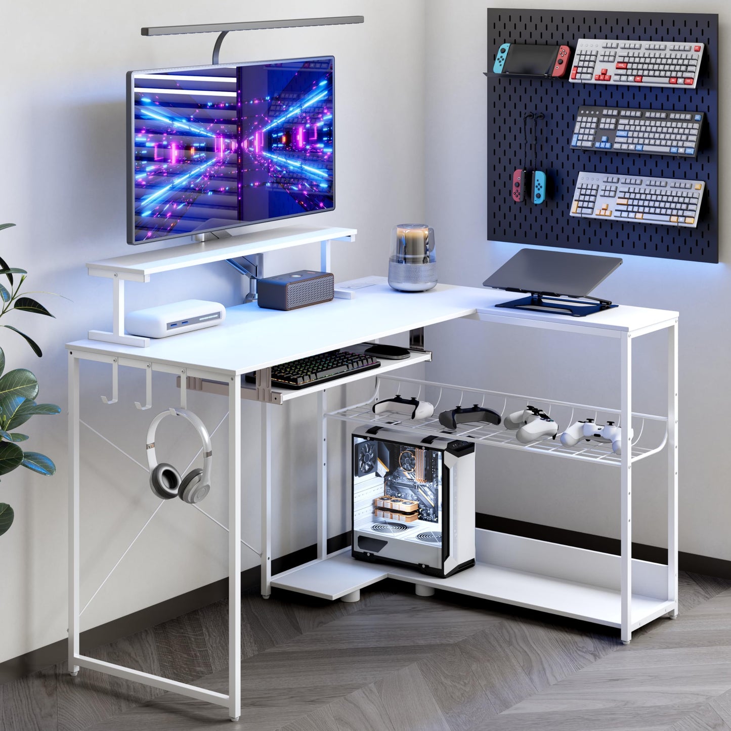 BORNOON Computer Desk, L Shaped Gaming Desk with Monitor Stand & Storage Shelf & LED Light & USB Power Outlet, Reversible Shelves Corner Table with Keyboard Tray for Gaming, Home Office, Study