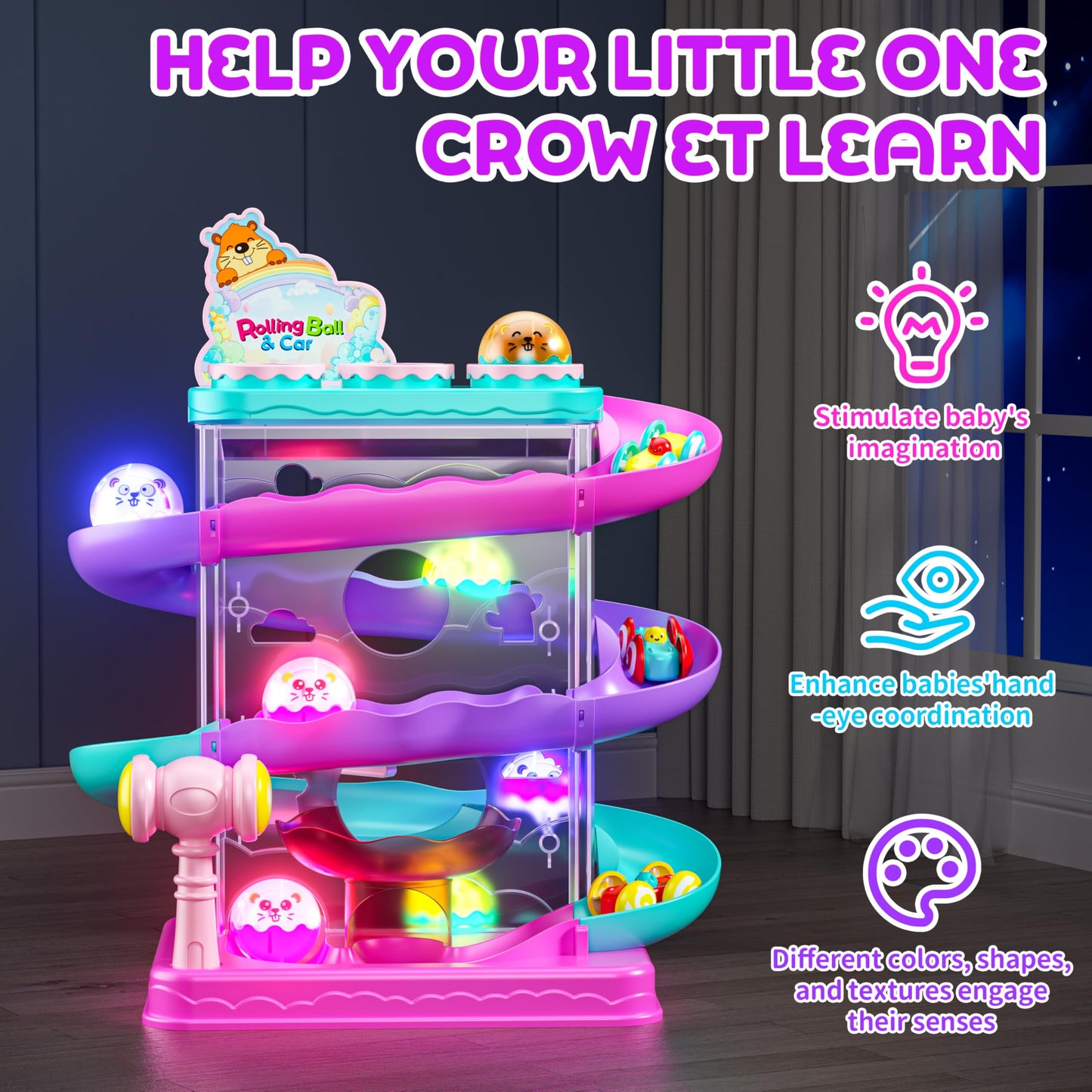 2-in-1 Rolling Ball & Car Ramp Race Track for Toddlers, Hammer Ball Drop Toy for Boys & Girls, Interactive Playset w/Sensor Lights - Montessori STEM Learning Toys for Kids 1-5+ Year Old