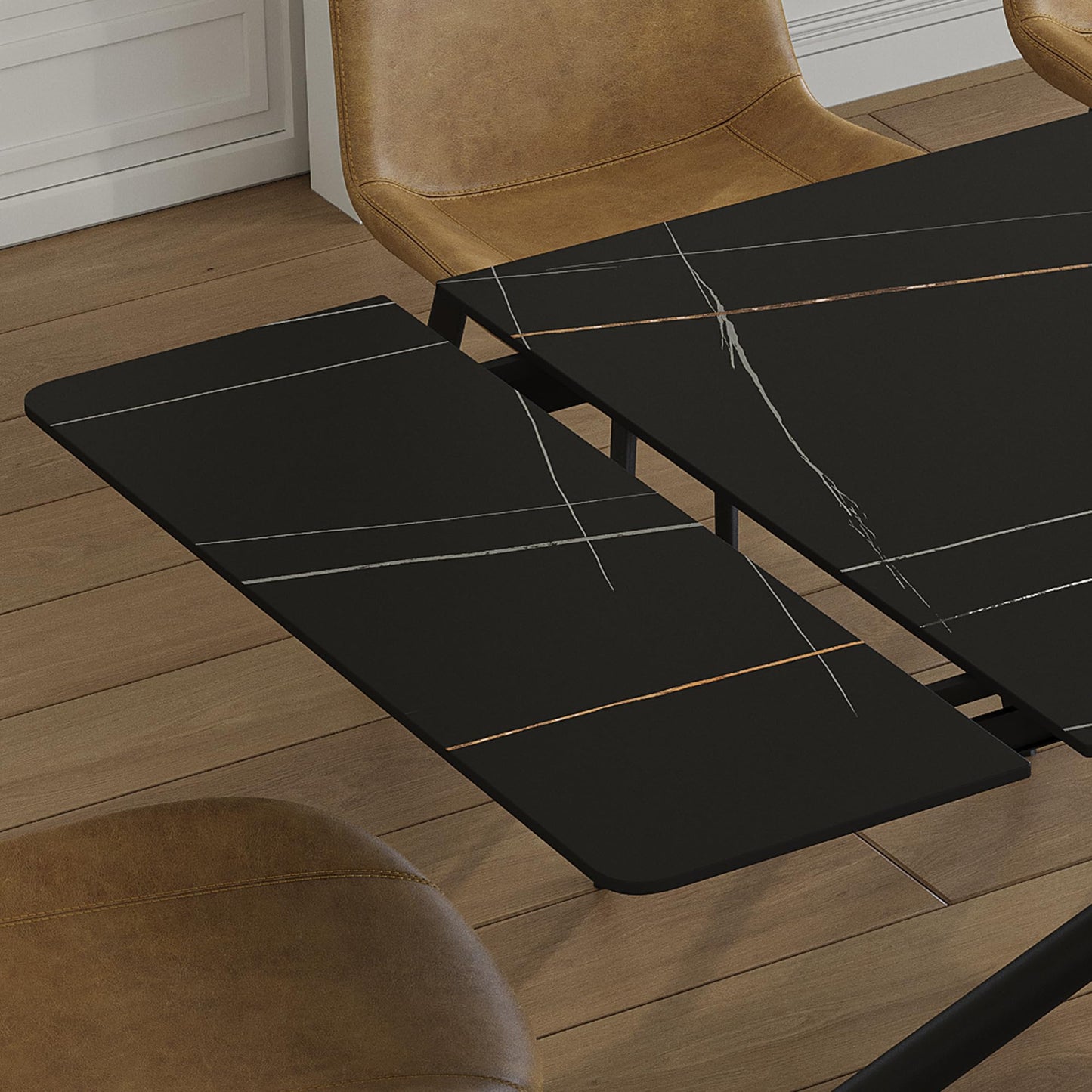 Runboll Extendable Rectangular Dining Table Set for 8, 47"-71" Modern Sintered Stone Kitchen Table with 8 Chairs and Carbon Steel Legs for Dining Room Family Gathering