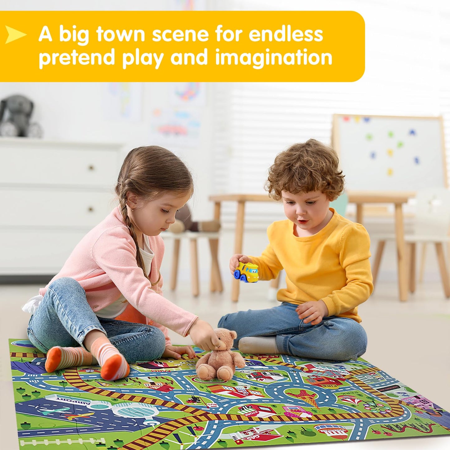 Beeqoo City Adventure Giant Floor Puzzle for Kids Ages 3-8 - 60 Piece Large Piece Puzzles- Town Map with Race Tracks & Train Tracks - Storytelling Educational Preschool Toy for Toddlers Ages 3+