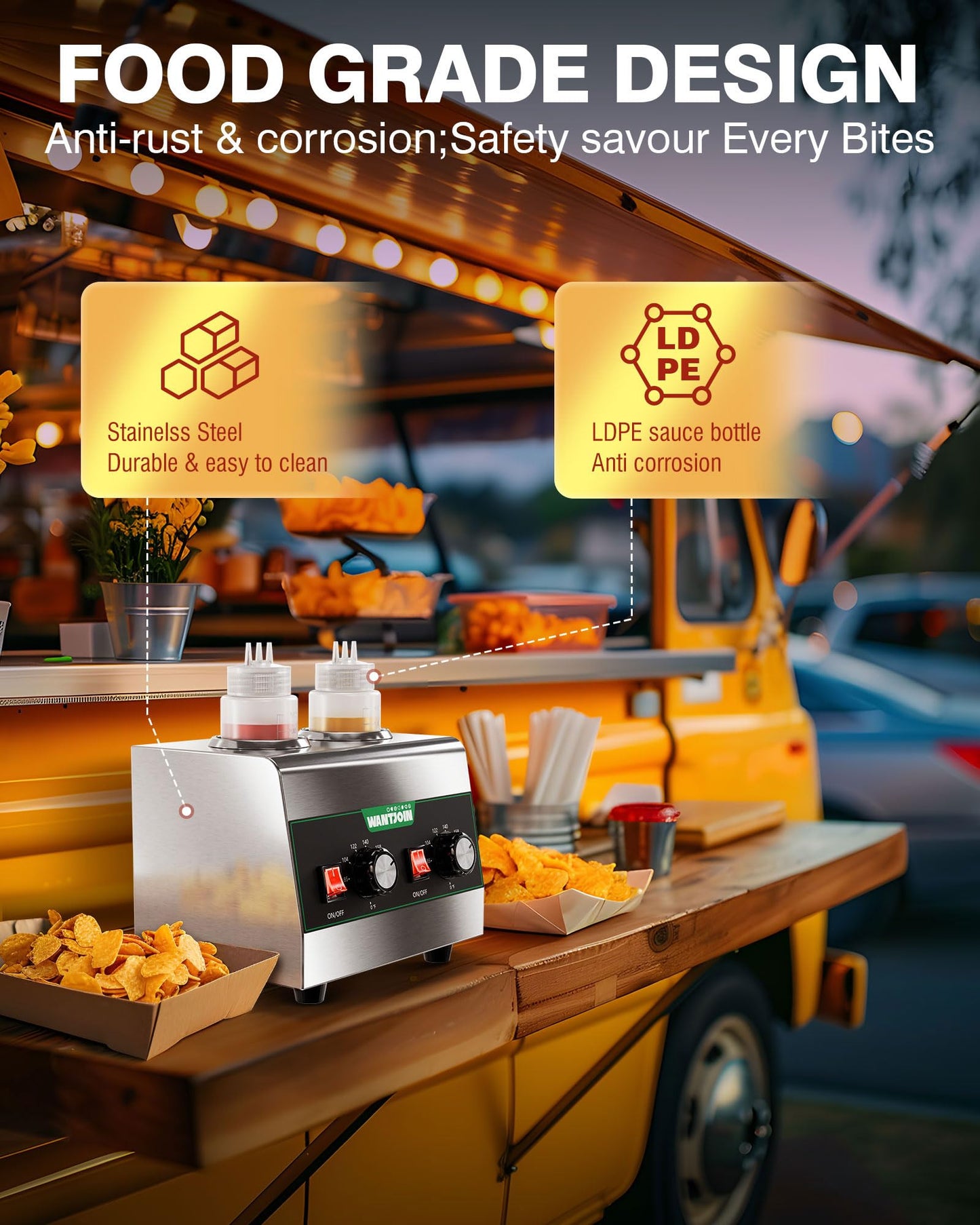 WantJoin Electric Sauce Warmer Dispenser Countertop Stainless Steel Sauce Heat Preservation Machine 320W Hot Fudge Nacho Cheese Ketchup Chocolate Warmer for Commercial with 650ml Squeeze Bottle*2