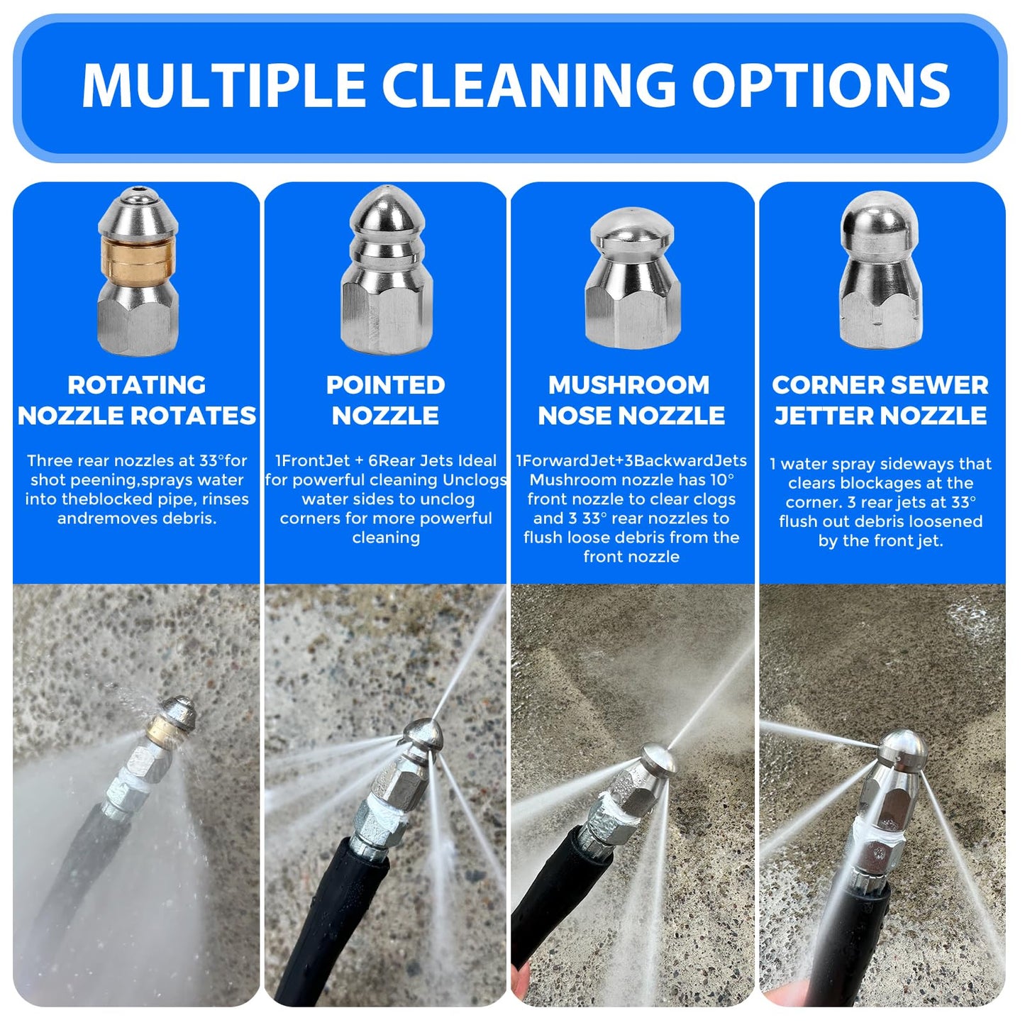 AMOPRO Sewer Jetter Kit for Pressure Washer, 5800PSI Drain Cleaner Hose 1/4 Inch NPT Corner Rotating and Button Nose Sewer Jetting Nozzle Spanner Watertight Tape Pearl Corsage Pin Handle Strap (50FT)