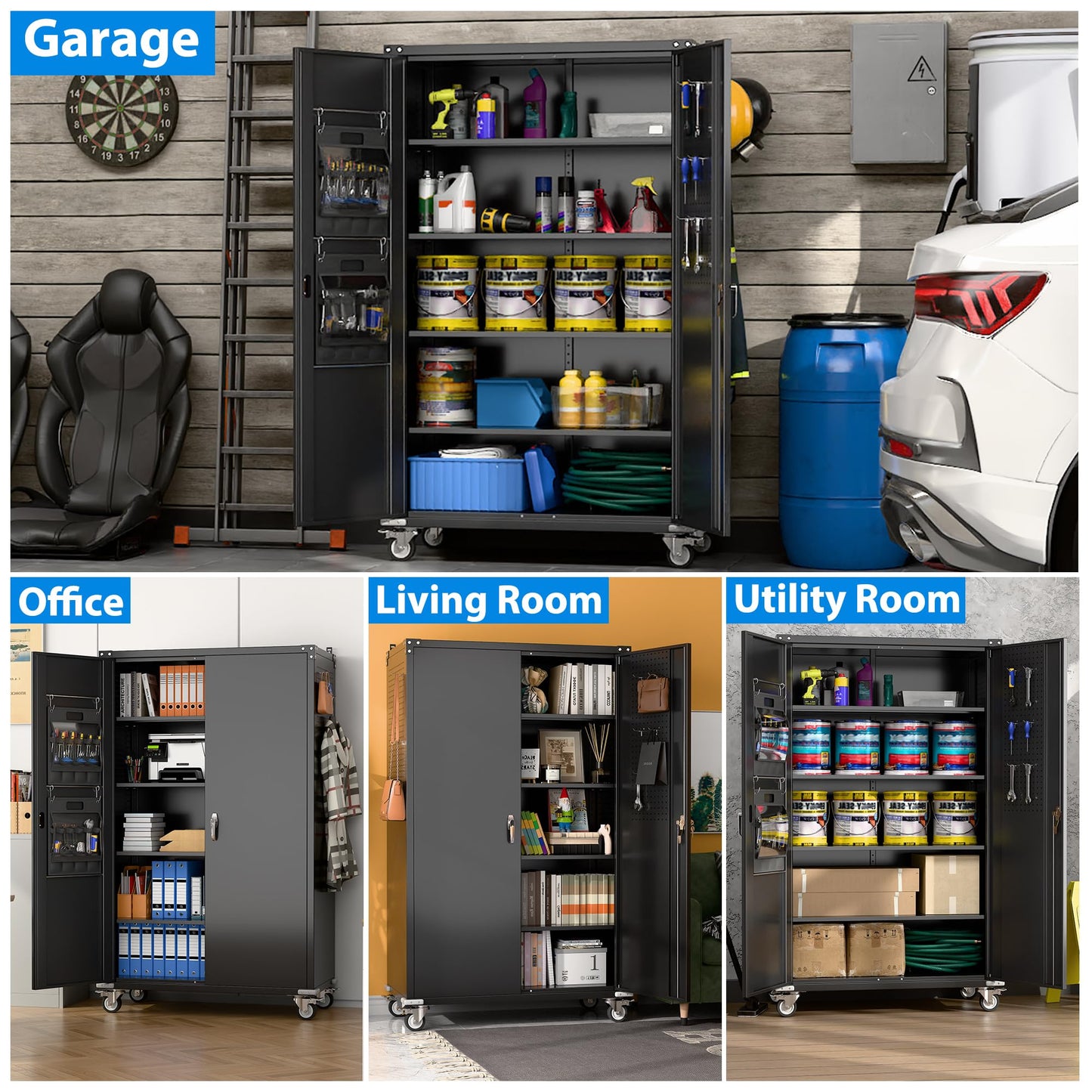 2025 Upgraded Wide & Deep Garage Storage Cabinet with Wheels, Lockable Metal Storage Cabinet with Pegboards and 9 Hooks, 2 Tool Pouches for Garage,4 Adjustable Shelves (Black,43''W x 22''D x 72''H)