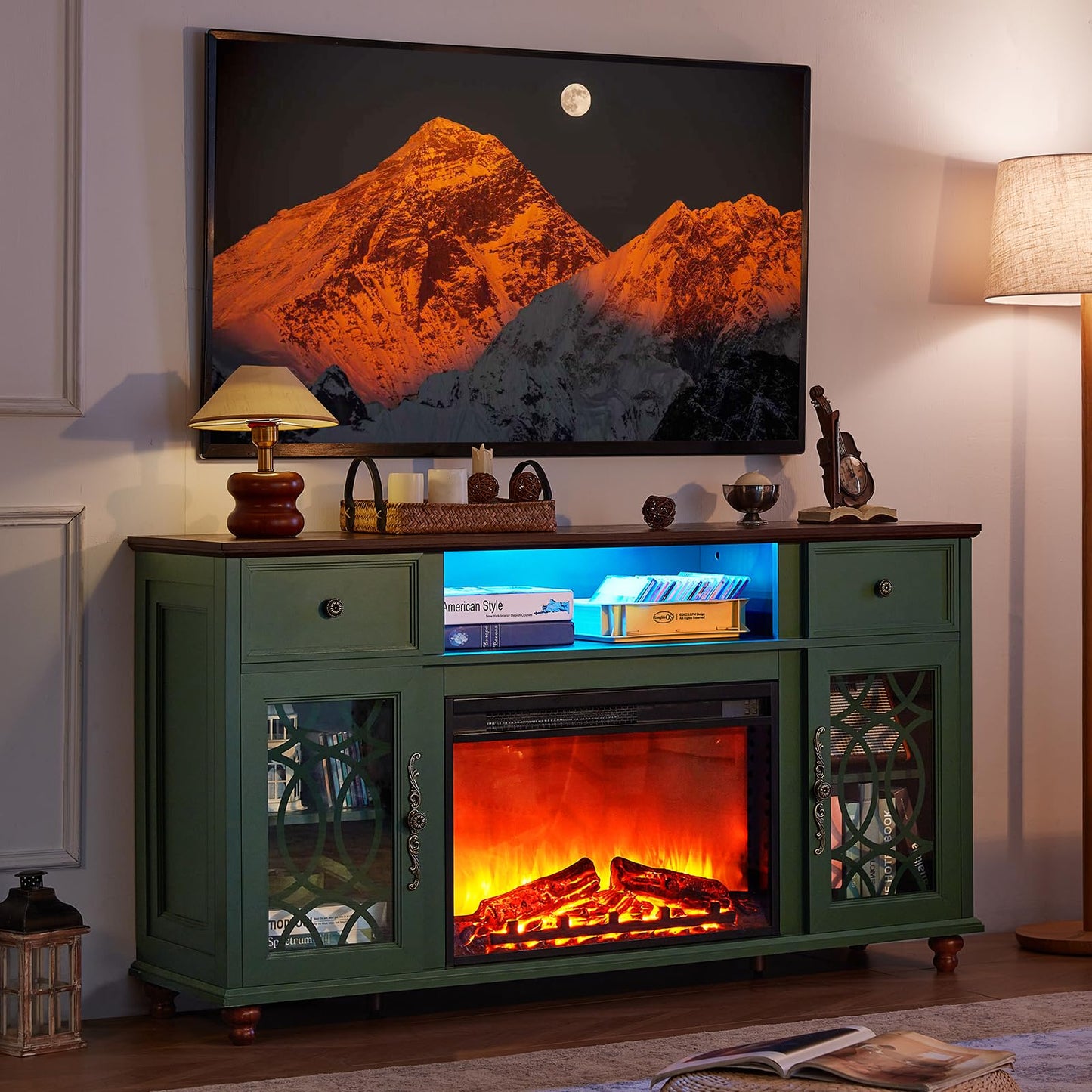 Joaxswe Farmhouse Fireplace TV Stand, 59" Entertainment Center with Electric Fireplace & LED Lights for TVs up to 65'', Glass Door Fire Place TV Stands for Living Room, Media Console w/Drawers,Green