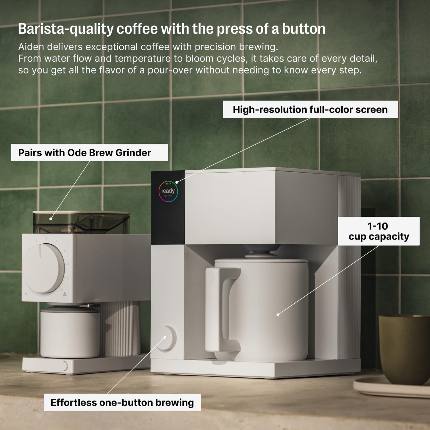Fellow Aiden Precision Coffee Maker - 10-Cup Thermal Carafe, Built-In Brewing Guidance, Scheduling, Removable Water Tank, Matte White