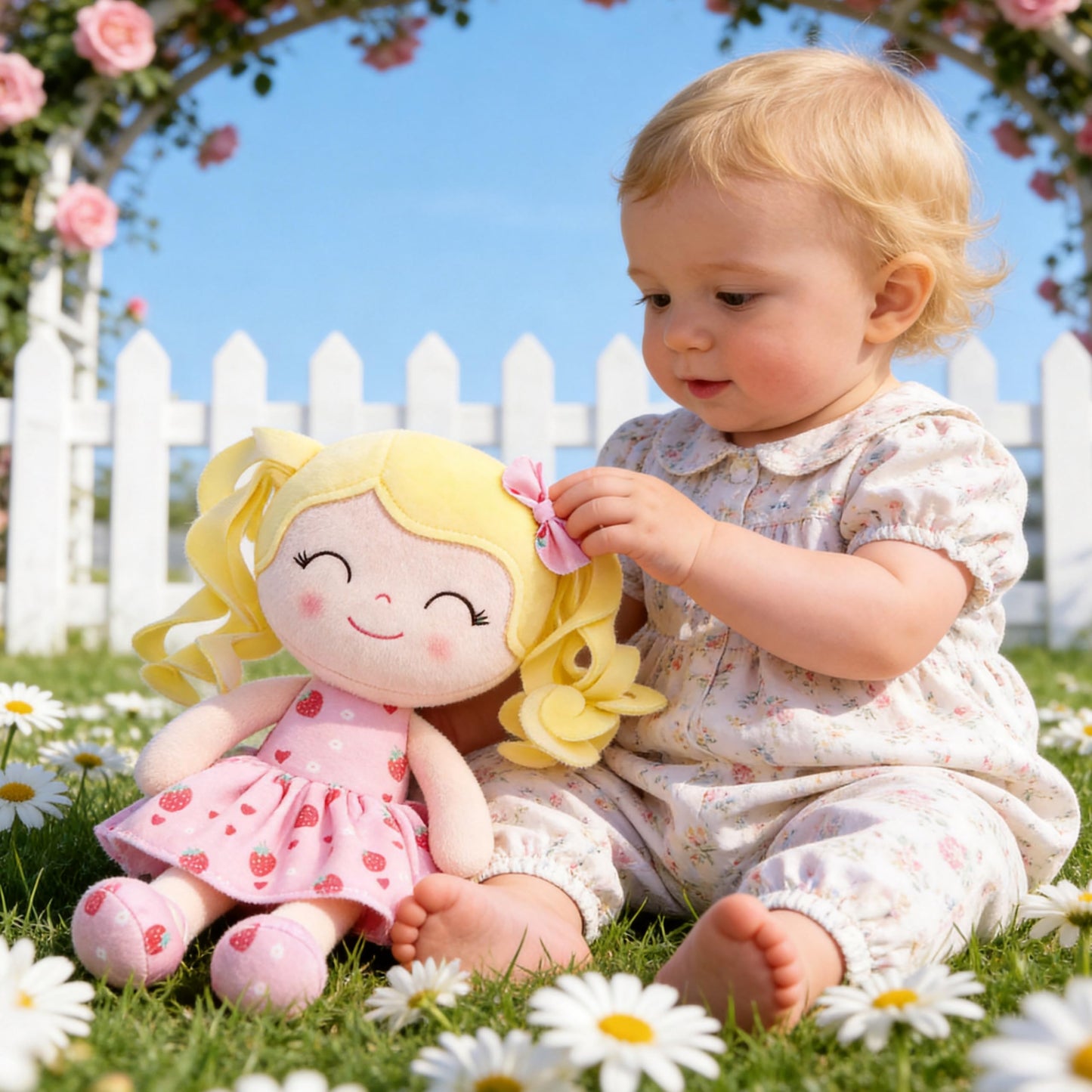 Gloveleya Baby Dolls Soft Snuggly First Baby Girl Gifts Soft Doll for Girls with Strawberry Printed Dress 12inches Fruit Series
