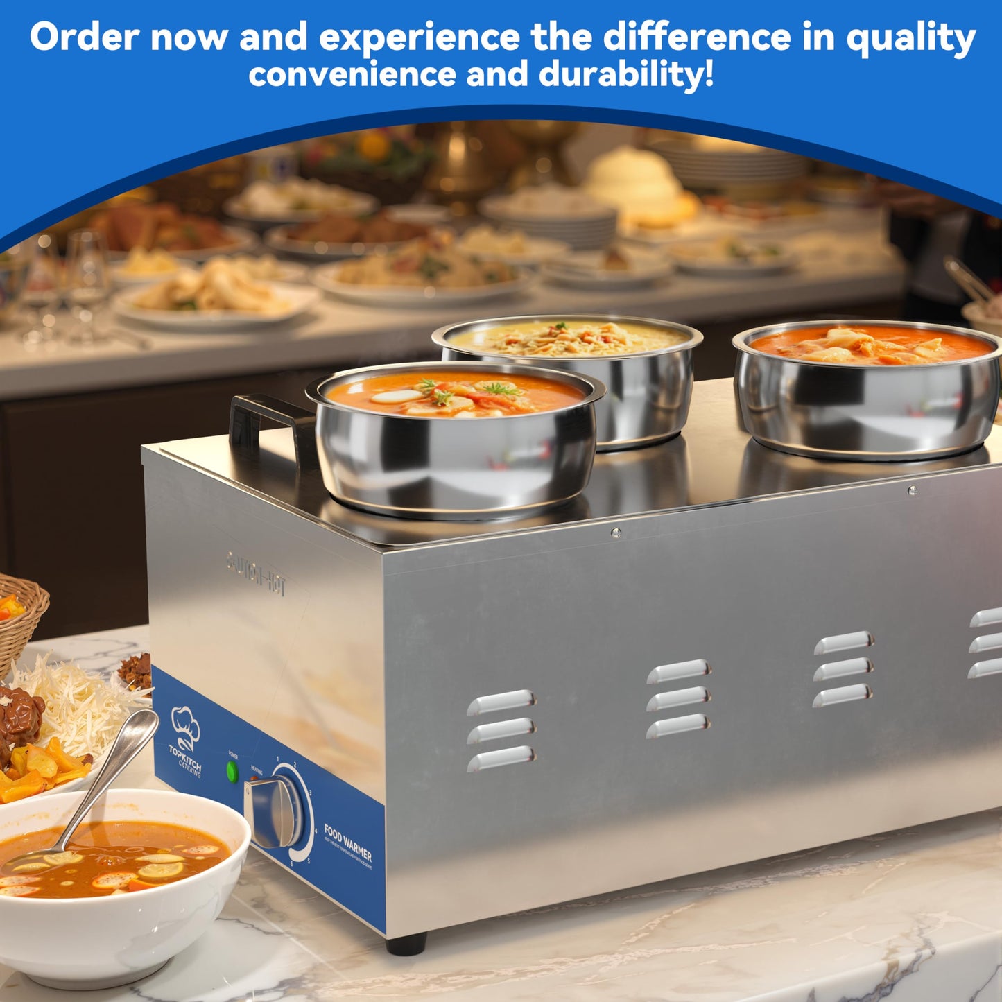 TOPKITCH Commercial 12L Soup Warmer with 3×4L Pot Buffet Bain Marie， Commercial Electric Food Warmer, Seamless One-Piece Tank, 30-85℃ Adjustable Temp Range, UL Certified Key Components-120V,1200W