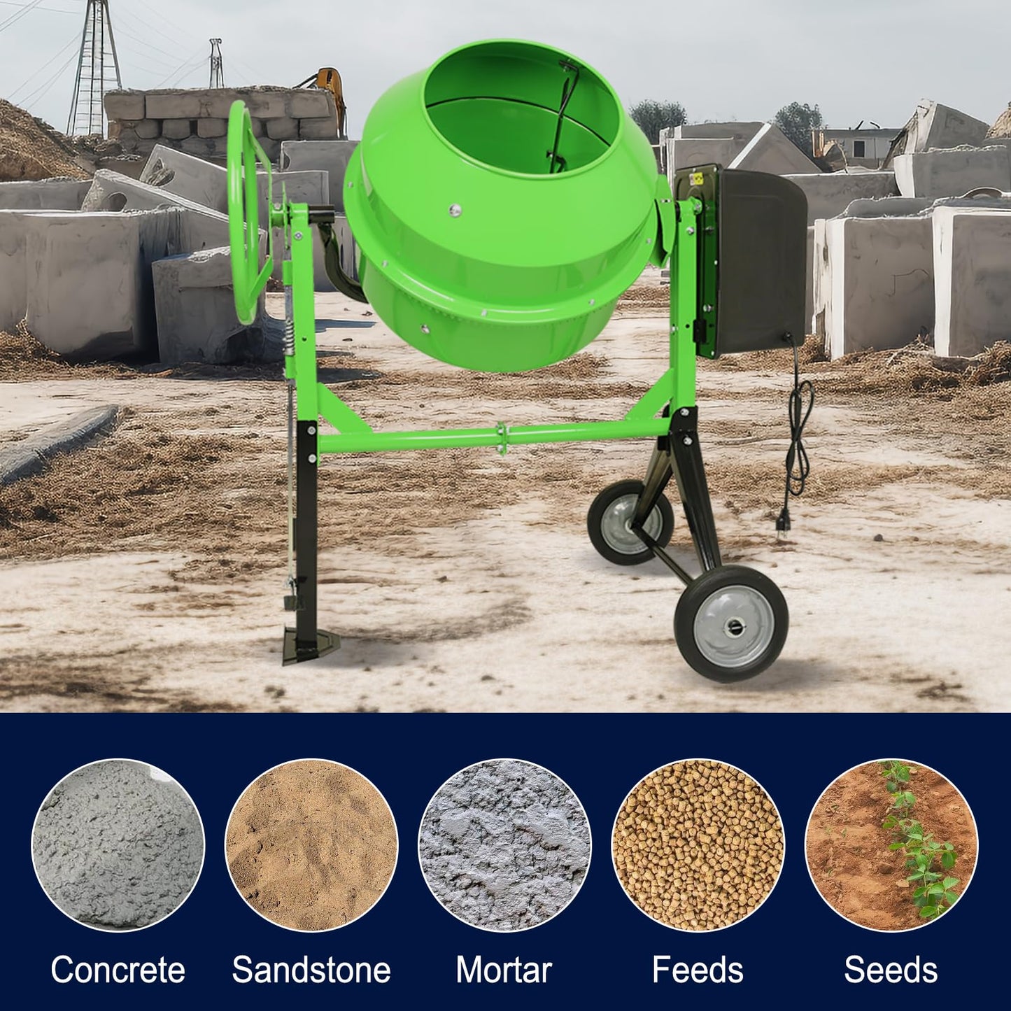 Cimcame Concrete Mixer 5.7 Cu Ft Portable Wheelbarrow Electric Cement Mixing Machine for Stucco Mortar Seeds