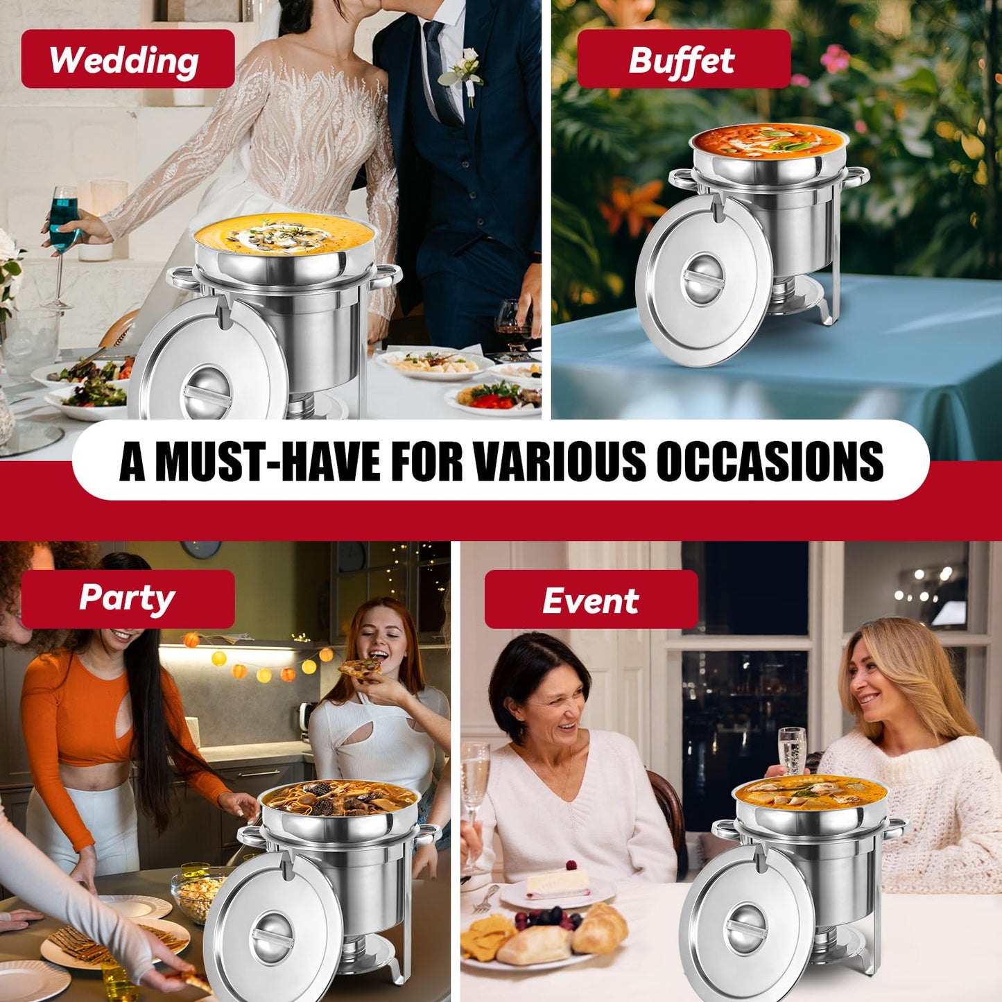 IMACONE Soup Chafer 11QT Large Capacity Soup Chafer Sets of 2, Stainless Steel Round Soup Warmer w/Pot, Notched Lid & Fuel Holder, Catering Marmite for Party, Buffet, Event & Commercial Food Service