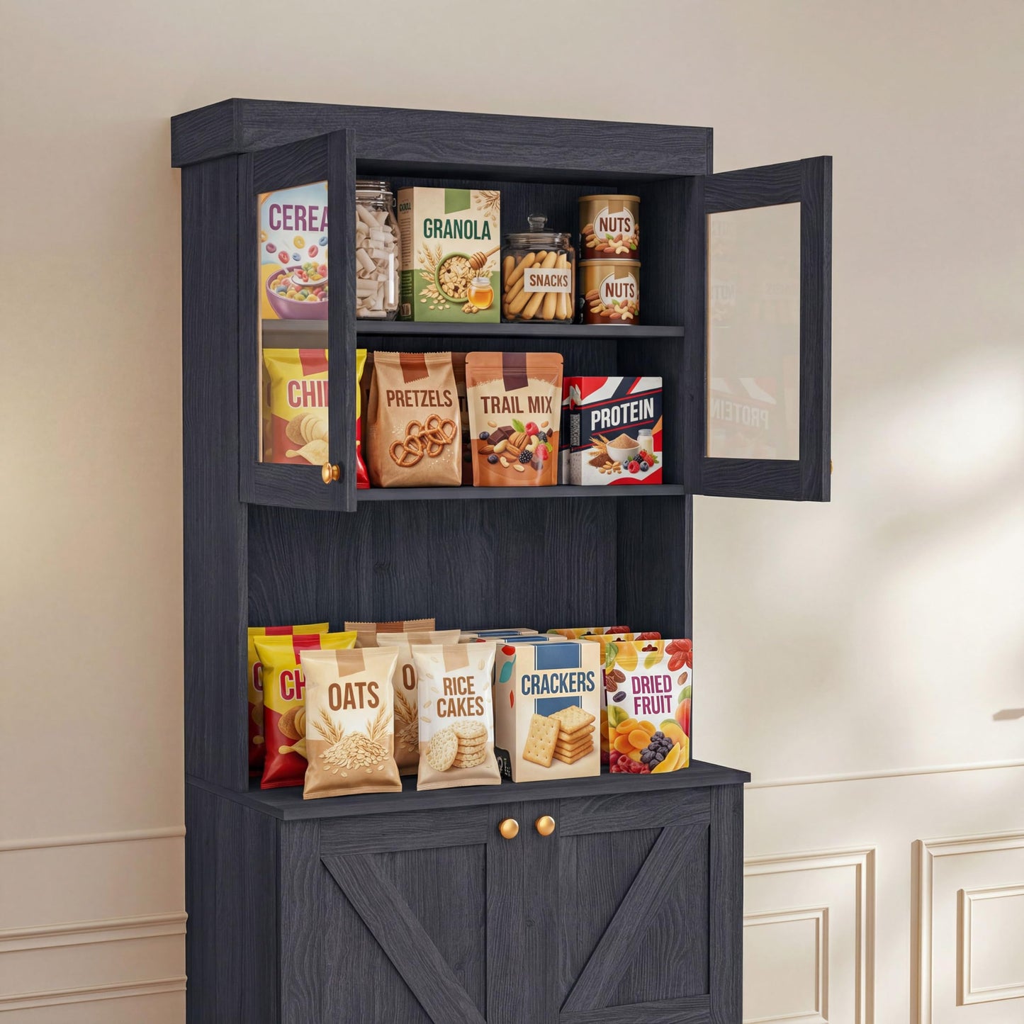 71" Black Farmhouse Kitchen Pantry Cabinet Set of 3— Freestanding Coffee Bar with Glass Doors or Drawers, Microwave Stand, Large Storage Hutch with Adjustable Shelves for Living Room and Kitchen