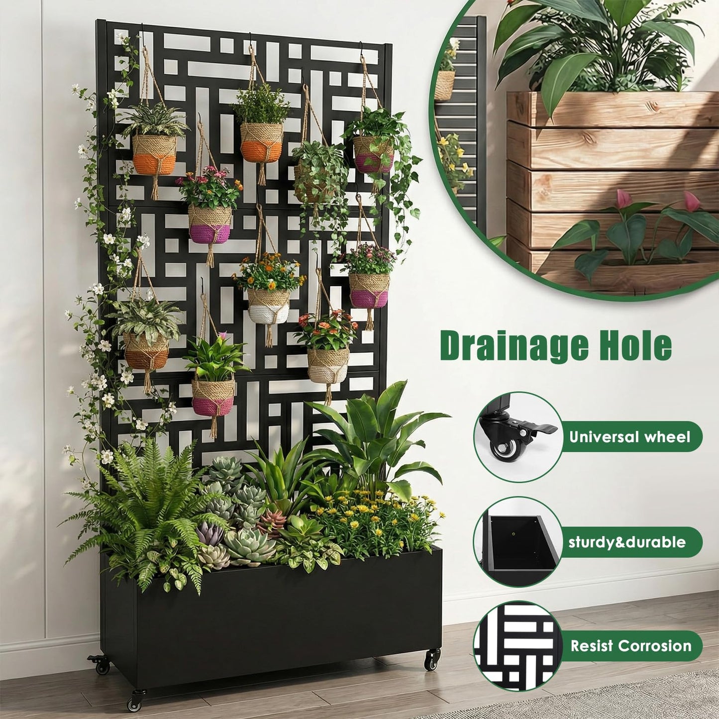 CLBDRESS 70.87x35.43x15.75 Inch Metal Planter Box with Trellis and Wheels Raised Garden Bed with Drainage Holes Privacy Planters Suitable for Climbing Plants and Vegetables