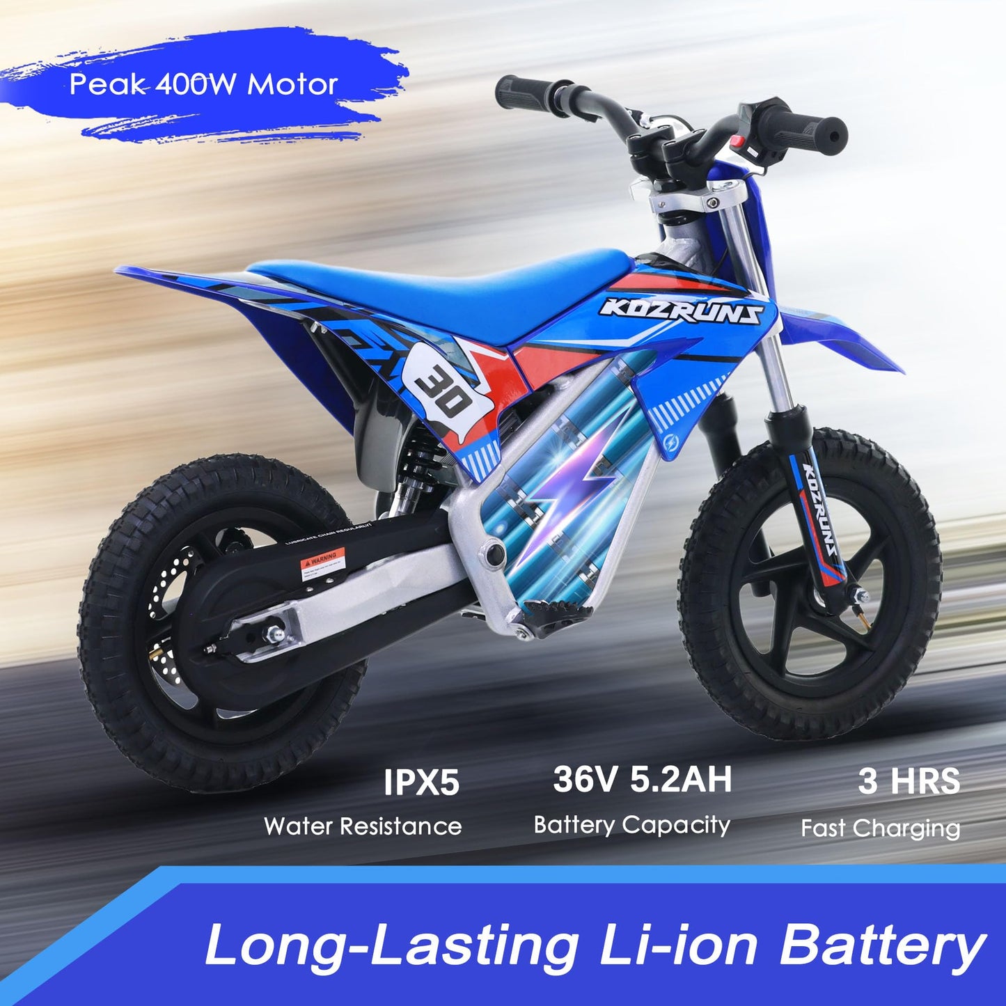 OLALA 36V Electric Dirt Bike for Kids 3-6, 250W Brushless Motor with 3-Speed Control, 15.5 MPH Max Speed, 12" Off-Road Tires Motorcycle, for Boys & Girls, Blue