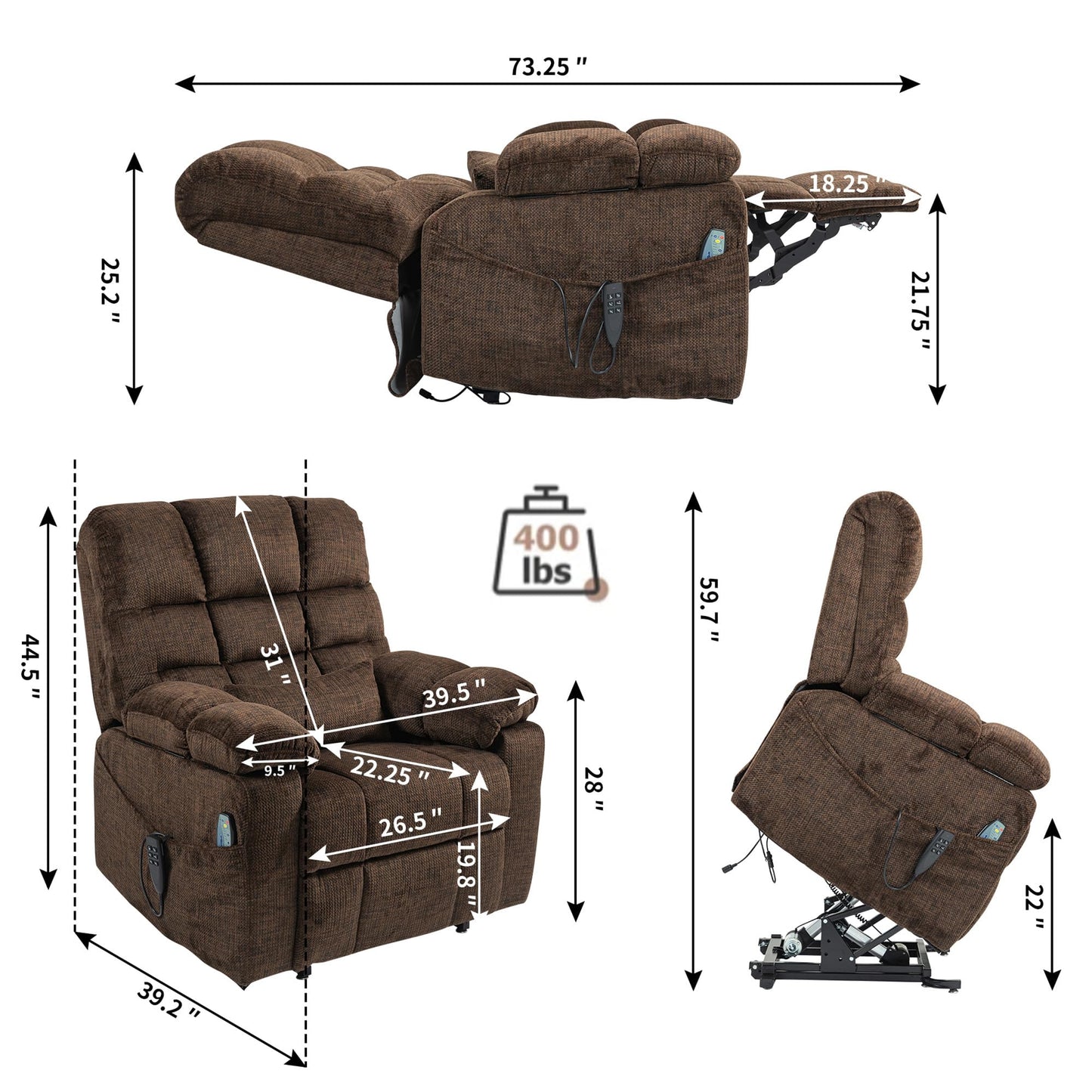 REHOUSING Oversized Power Lift Recliner Big Man 400lbs, Extra Wide Recliner Chair with Lifts Vertically for Elderly, Features Cup Holder, Heat and Massage, Zero Gravity Lay Flat for Adults (Brown)