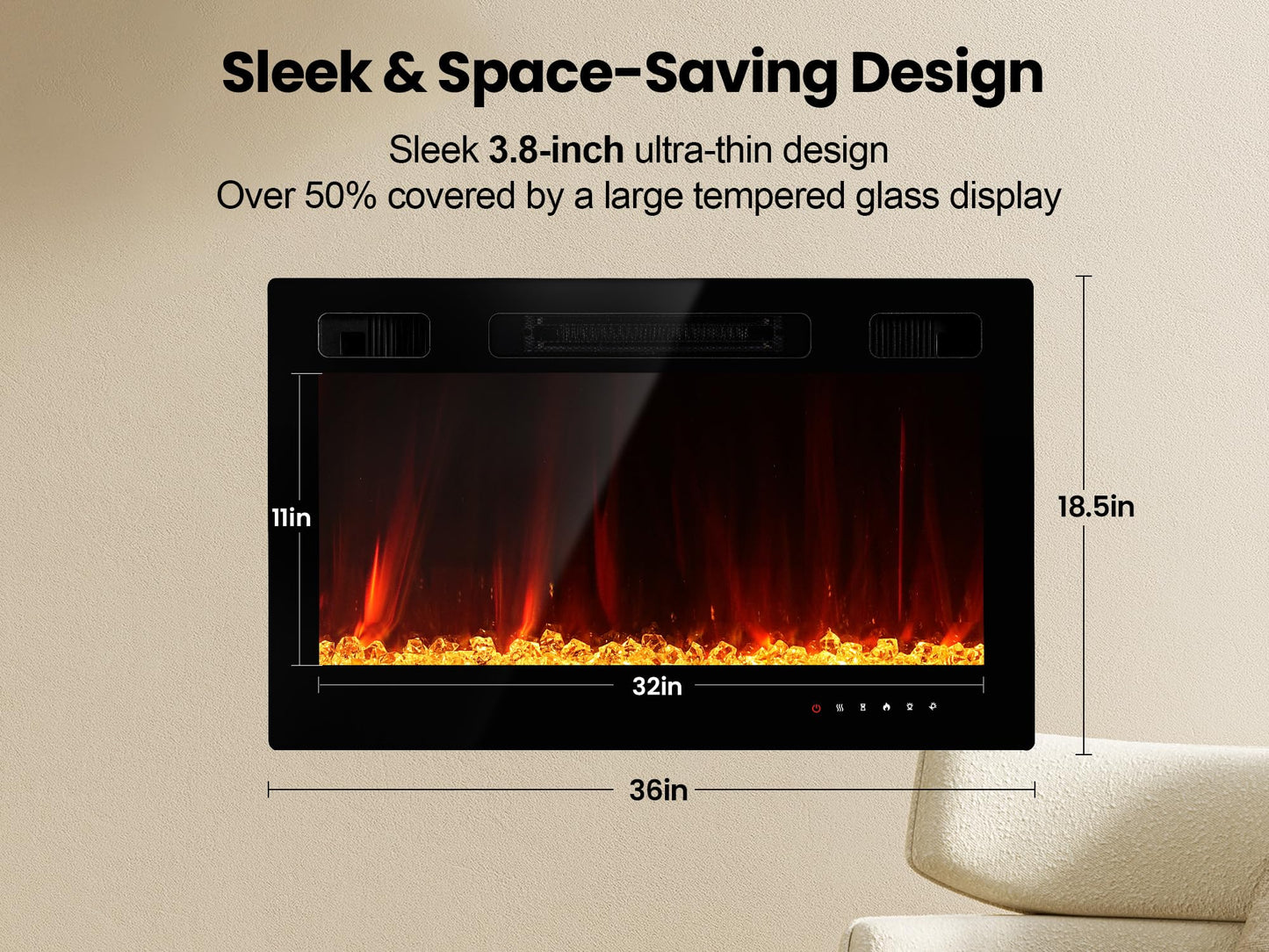 Electric Fireplace Insert 36" Realsmart 1500W Wall Mounted Fireplaces Recessed Heaters Remote Control Slim Black Fireplace Touch Screen Timer 12 Flame Colors LED Decor Low Noise