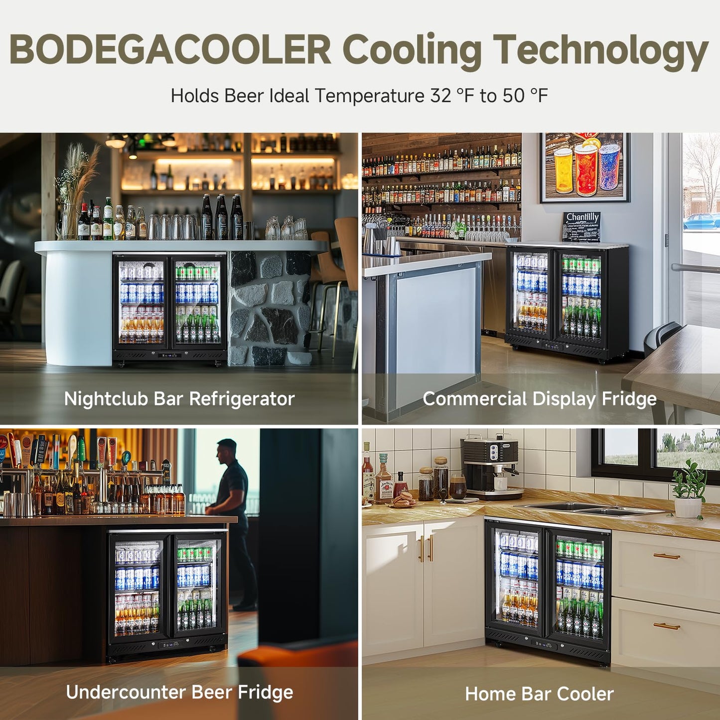 BODEGACOOLER Back Bar Cooler with 2 Glass Doors,7.7 Cu.ft Commercial Back Bar Beverage Refrigerator Counter Height,LED Lighting for Soda Drinks,Beer,Wine Stainless Steel Top,DOE Approved,4 Casters